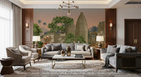 Terracotta colored background with green trees on a detailed wall mural.