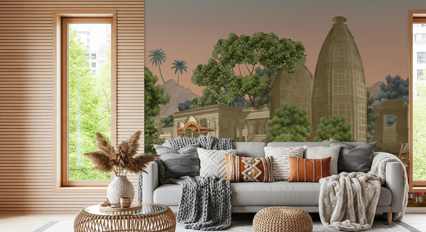 Detailed traditional artwork wall mural showing an elephant procession in living room.