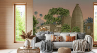 Detailed traditional artwork wall mural showing an elephant procession in living room.