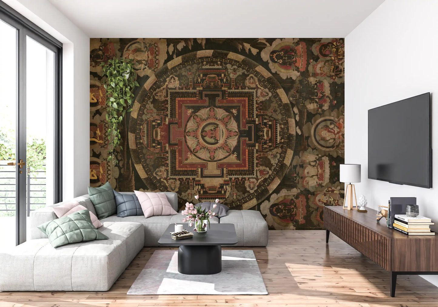 Dark background wall mural showcasing red symbolic patterns.