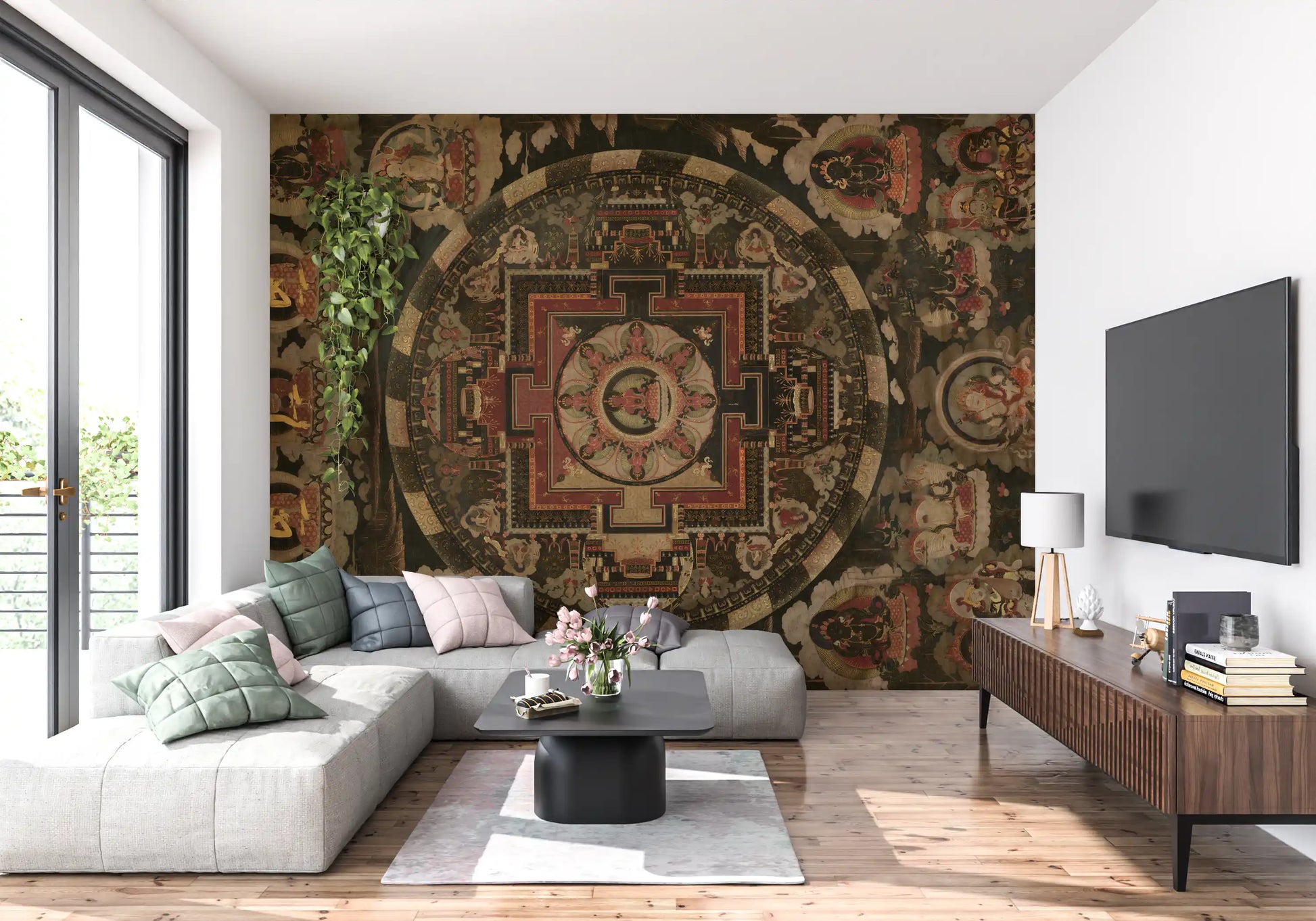 Dark background wall mural showcasing red symbolic patterns.
