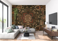 Dark background wall mural showcasing red symbolic patterns.