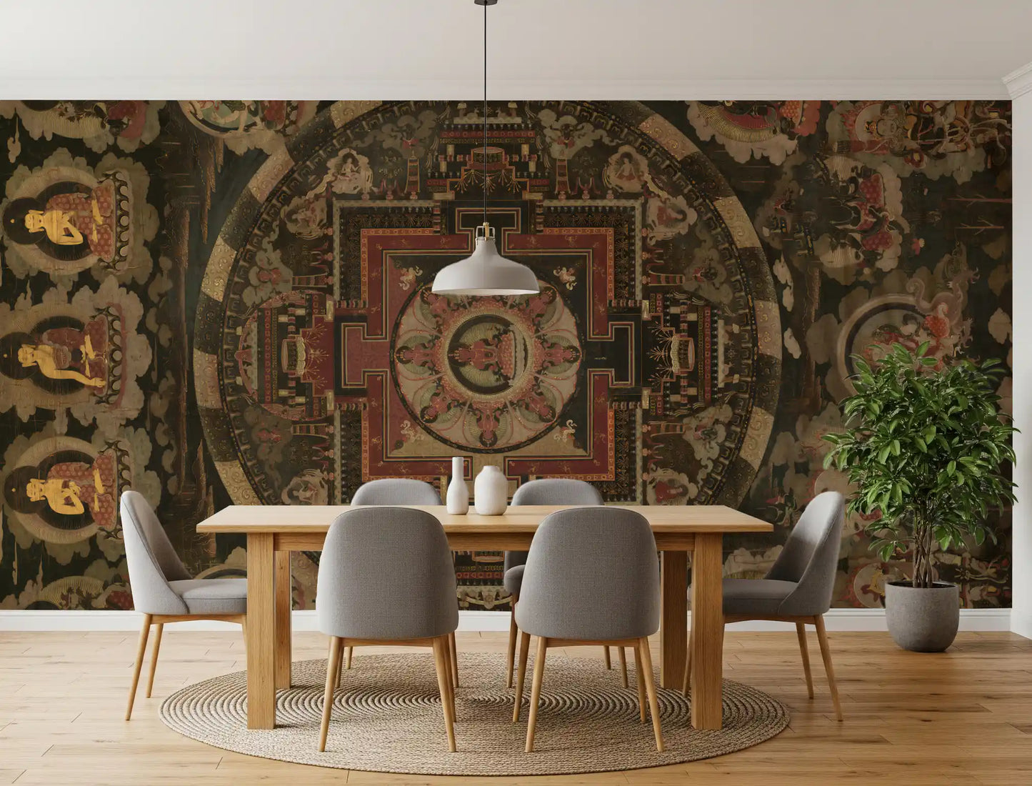 Ancient Cosmic Harmony Wall Mural showing black deities for dining room.