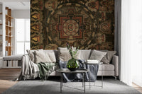 Geometric circle wall mural with black and beige hues for hallway.