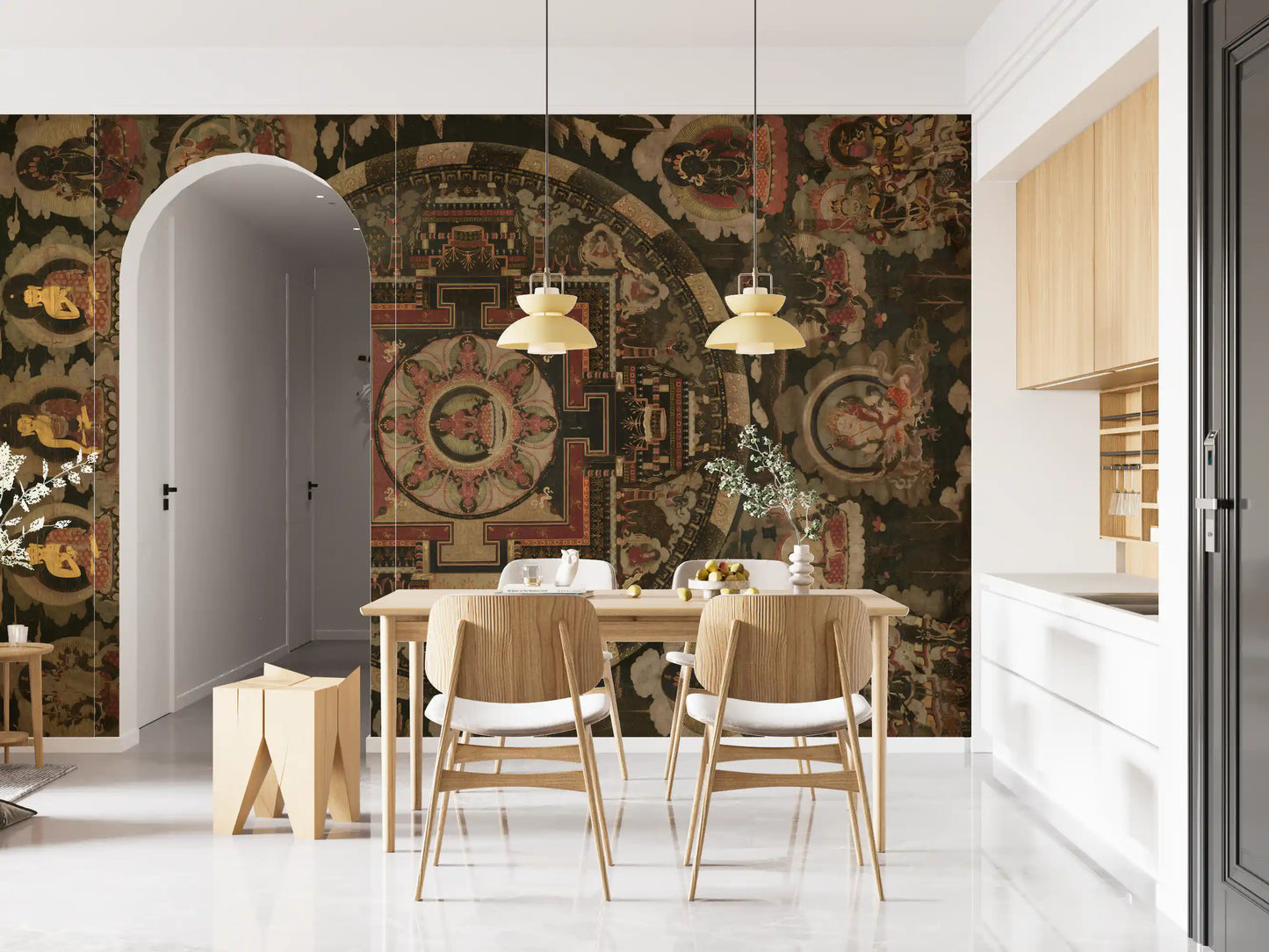 Traditional tibetan wall mural featuring detailed deity illustrations.