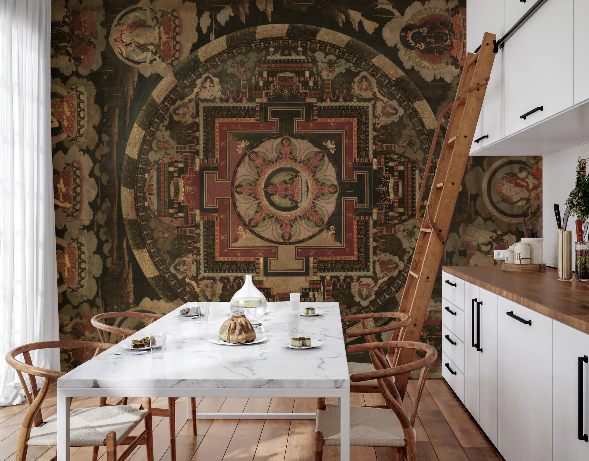 Intricate spiritual wall mural featuring miniature painted figures.