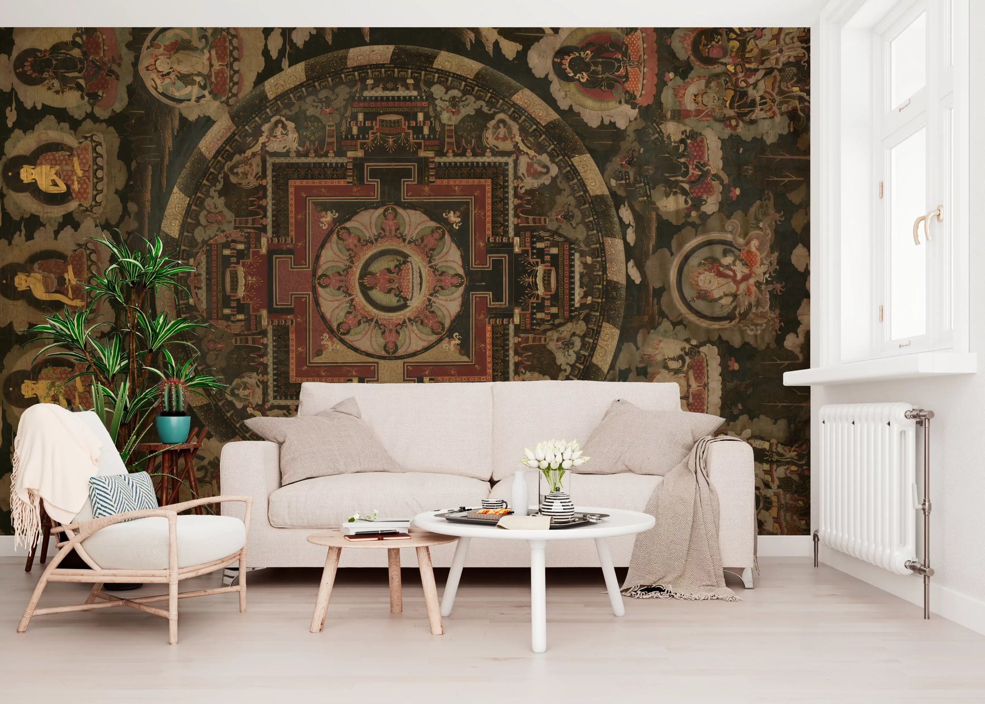 Ancient mandala wall mural with dark background for living area.