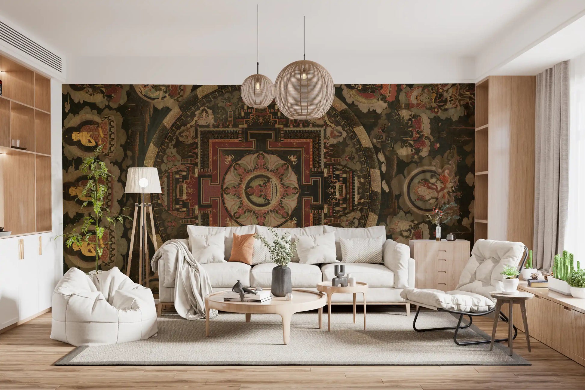 Spiritual thangka wall mural depicting red and gold geometric structures.