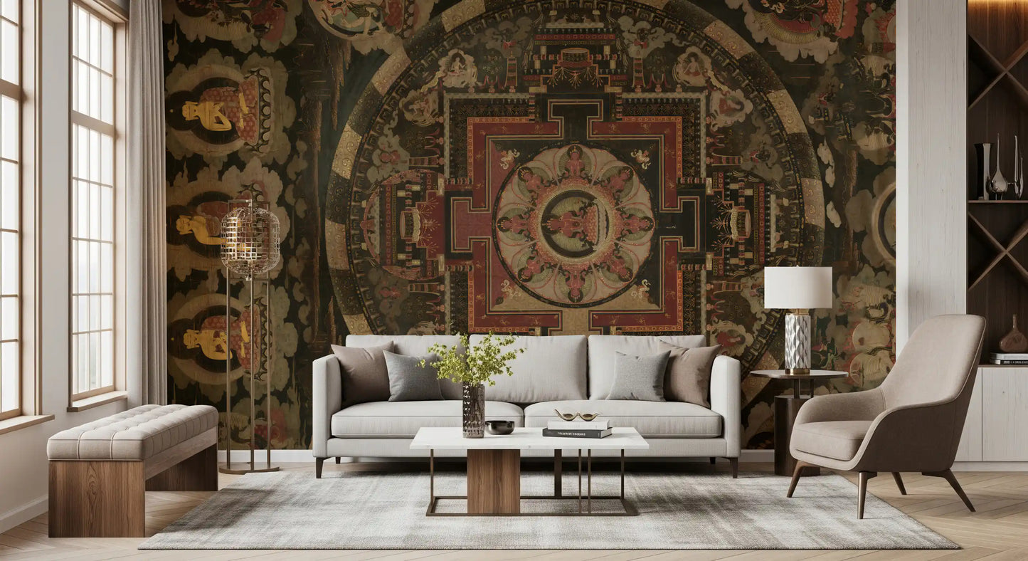 Asian heritage wall mural displaying central circular medallion prints.