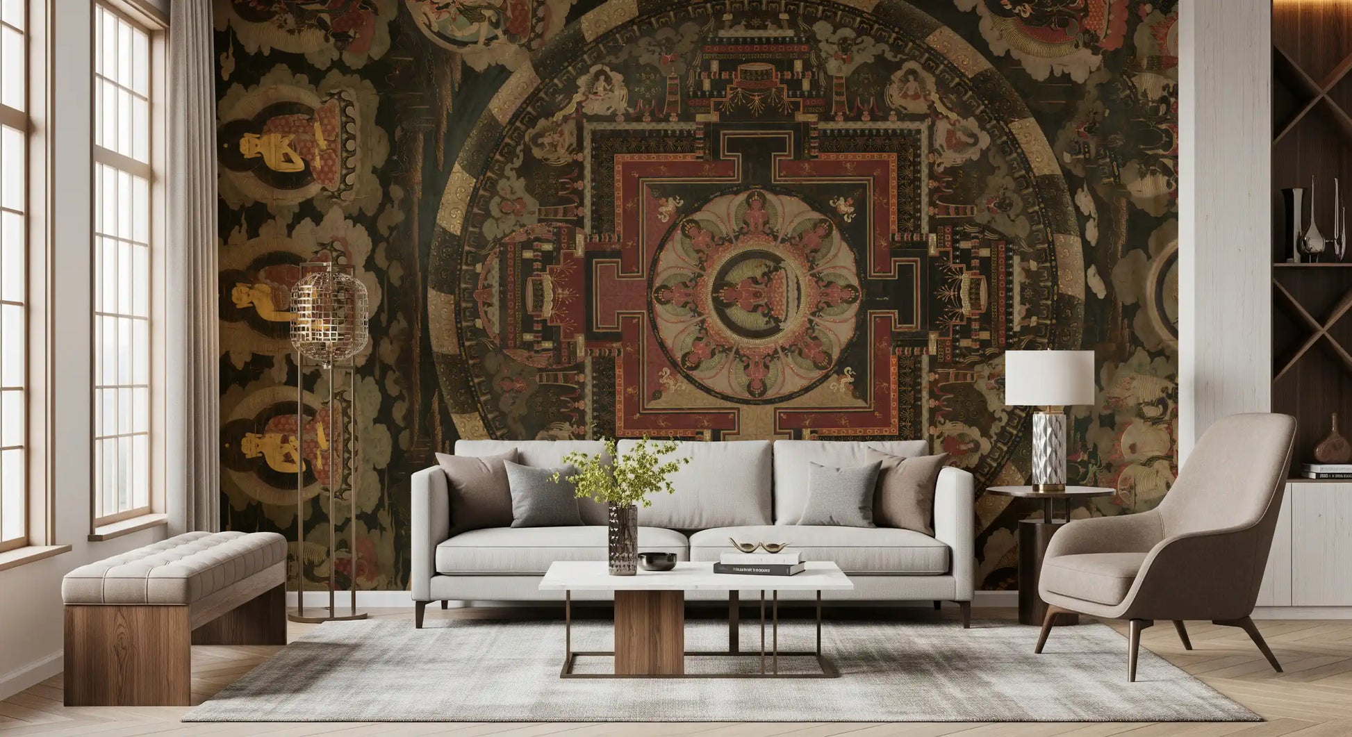 Asian heritage wall mural displaying central circular medallion prints.