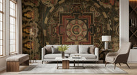 Asian heritage wall mural displaying central circular medallion prints.