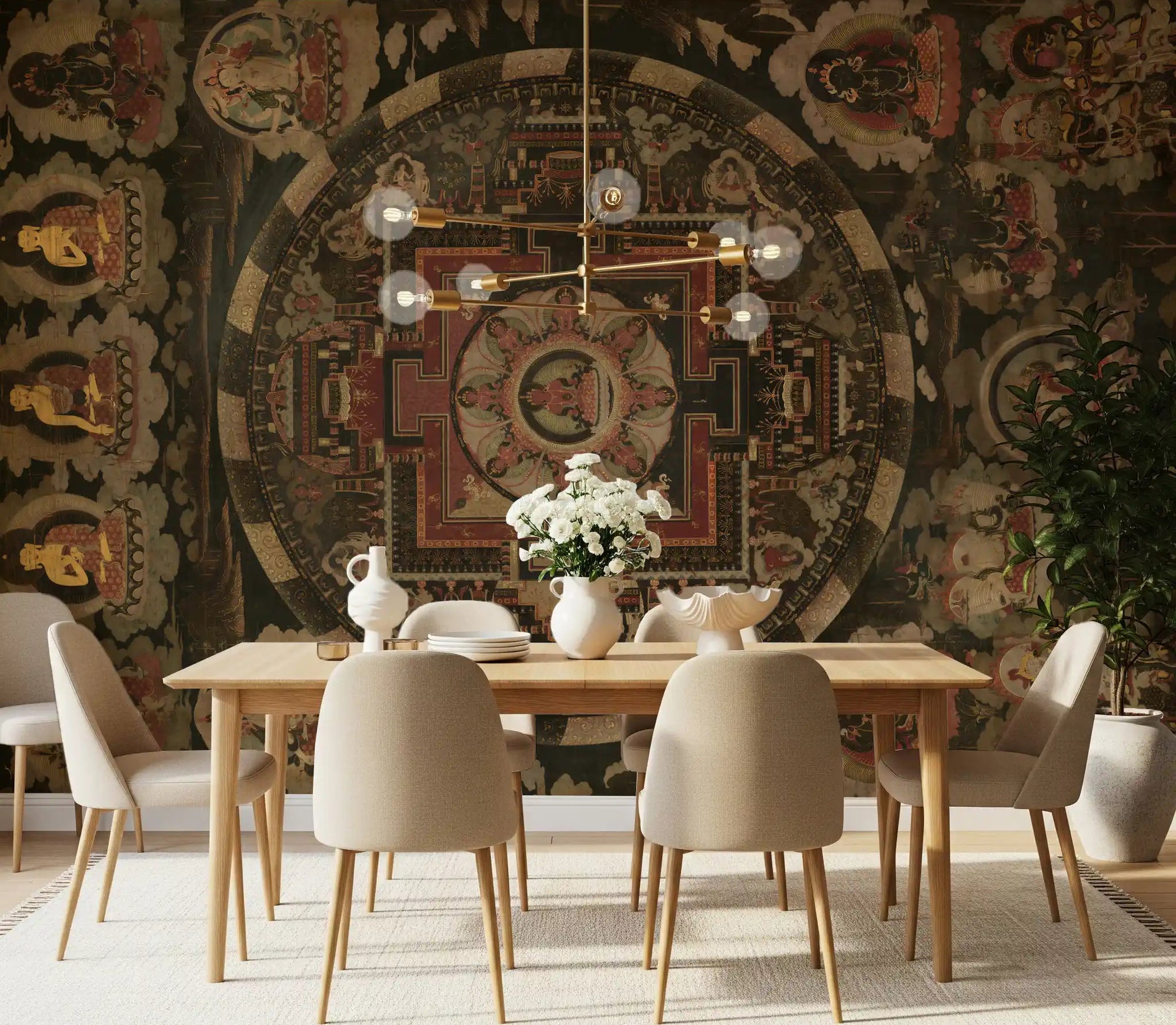 Ancient Cosmic Harmony Wall Mural with red mandala for dining room., GD10129