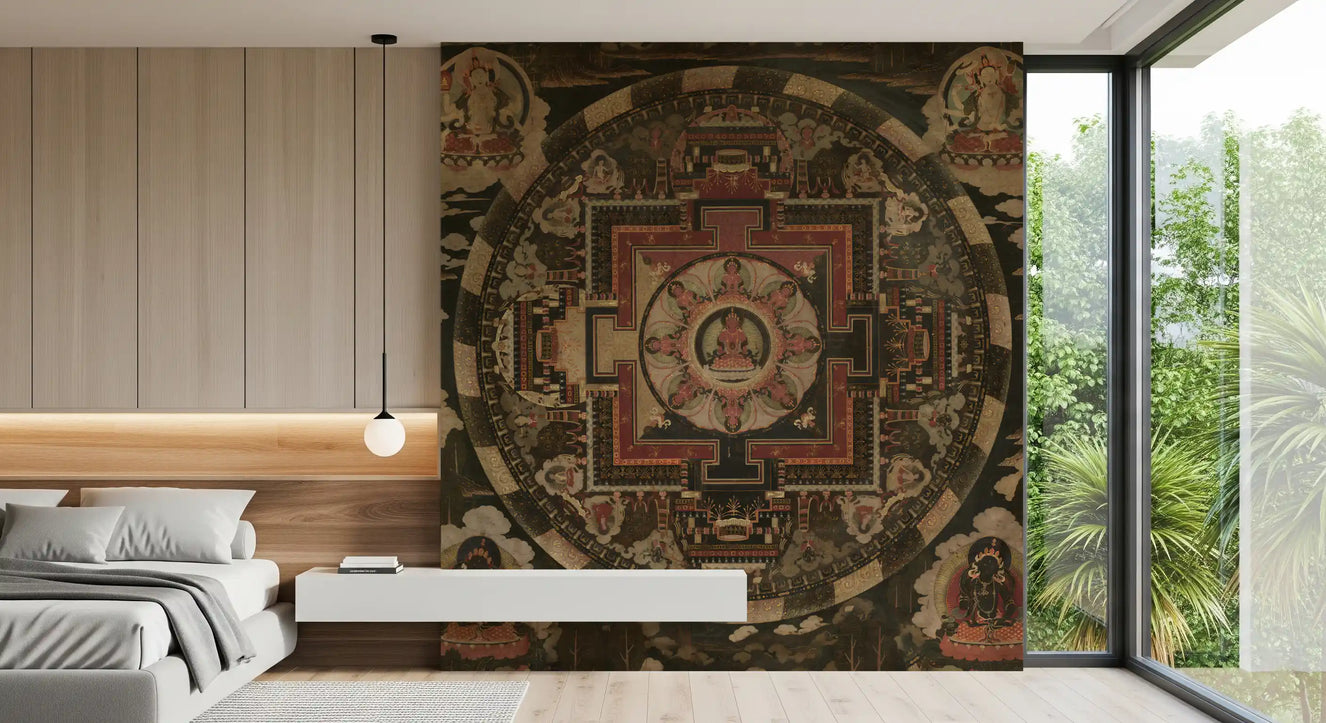 Maroon Sacred Mandala Tapestry Wall Mural featuring ancient spiritual motifs.