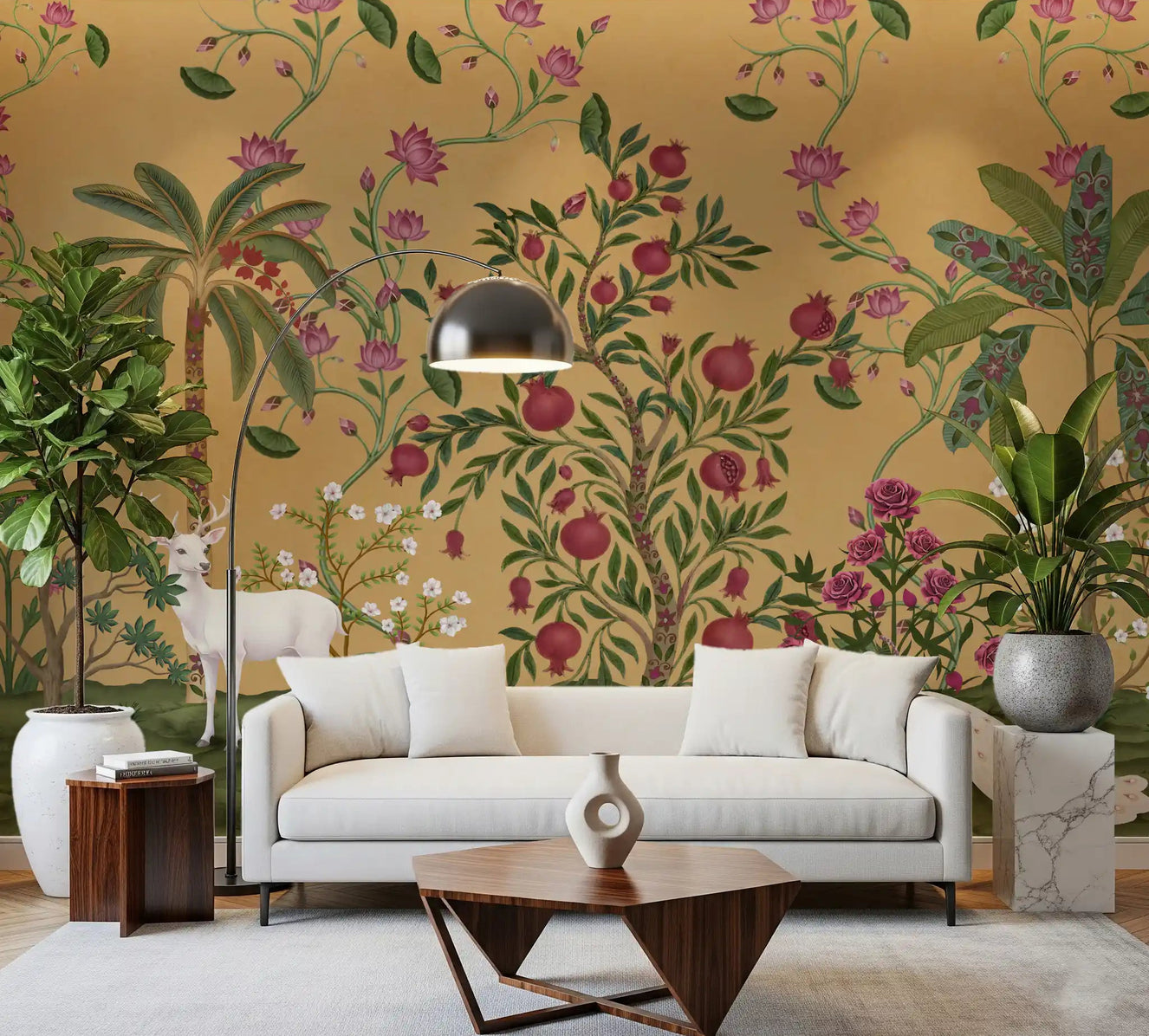 Living room wall mural depicting ethnic pink lotus vines and green hills.