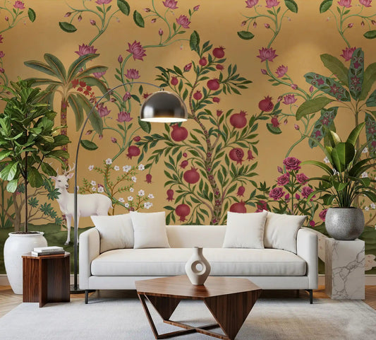 Living room wall mural depicting ethnic pink lotus vines and green hills.
