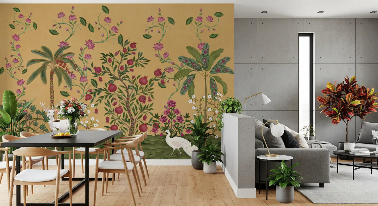 Mughal Garden Serenity Wall Mural features a white stag on beige background.