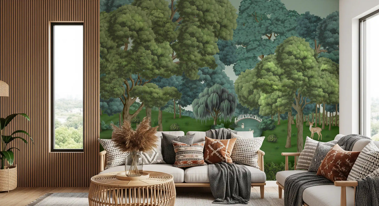 Green trees and a winding blue river with this woodland wall mural.