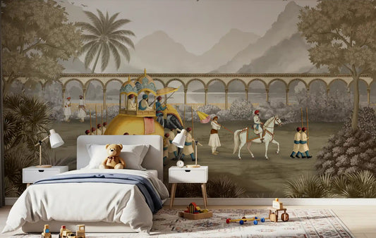 Traditional Indian artwork wall mural for children's bedroom interior.