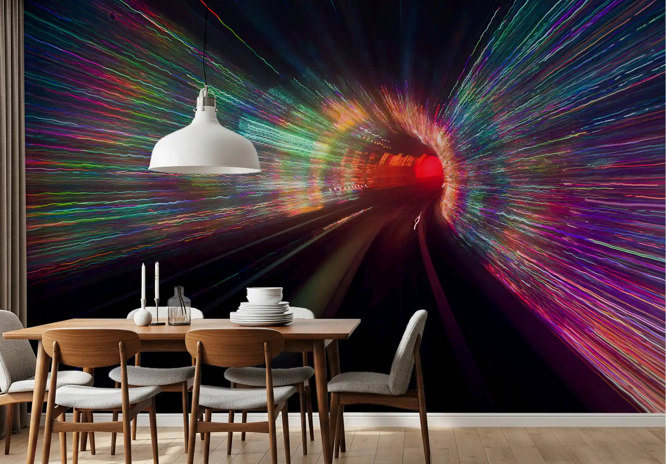 Warp Speed Lights Wall Mural with vibrant neon light trails in a modern dining room.