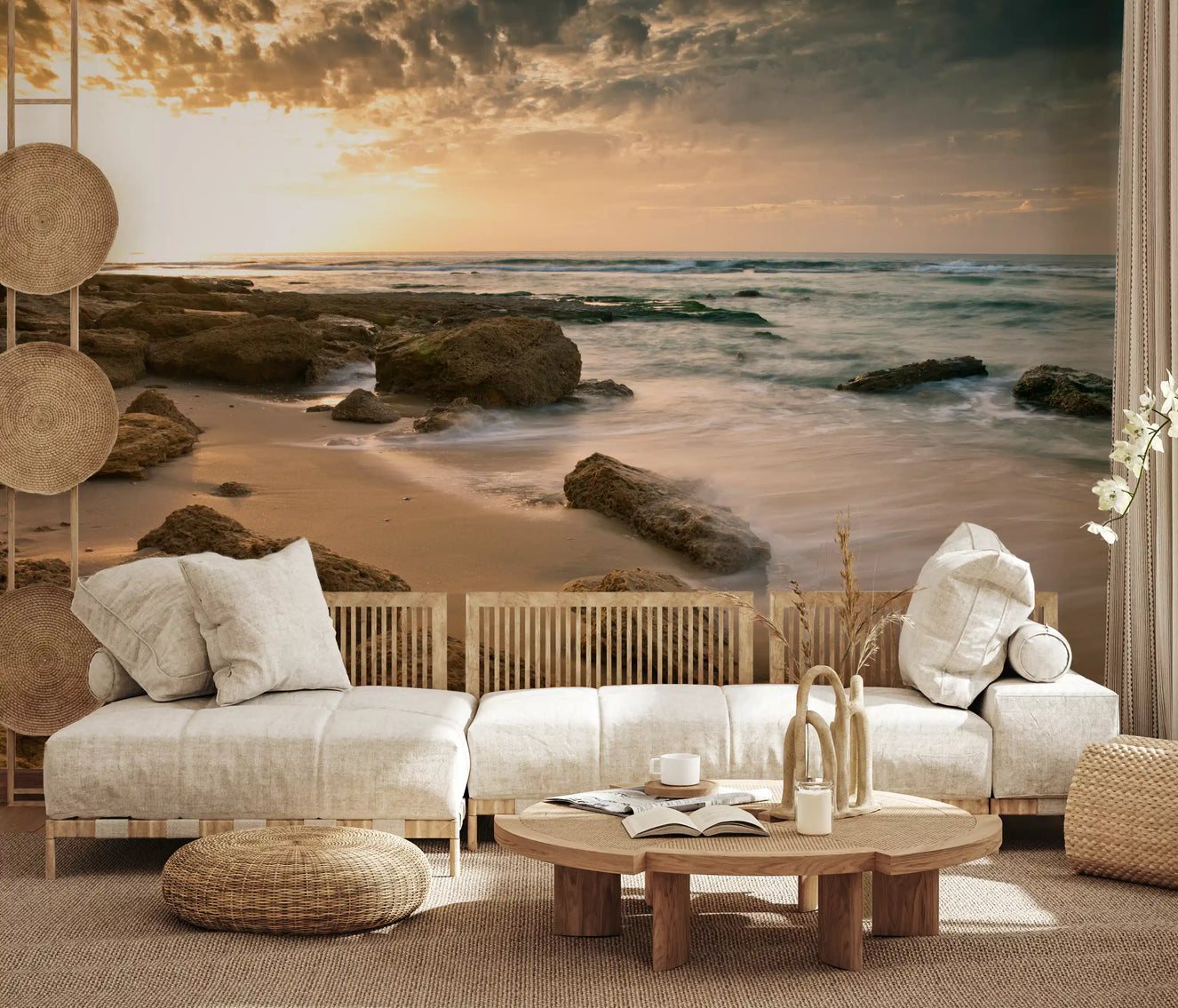 Sandy brown beach landscape wall mural for hallway backdrop.