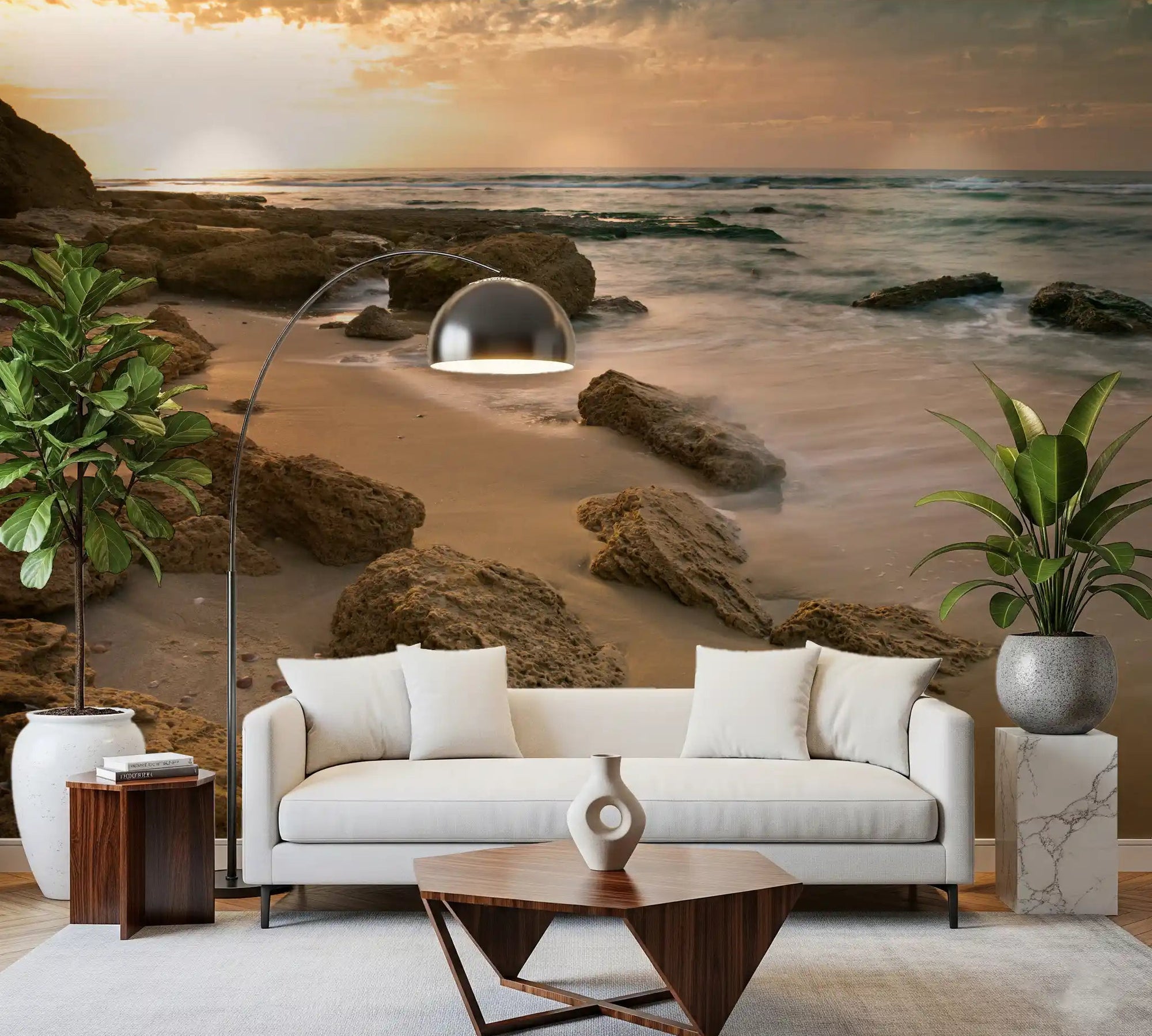Golden Quiet Shore Wall Mural in a spacious living room., GD10137