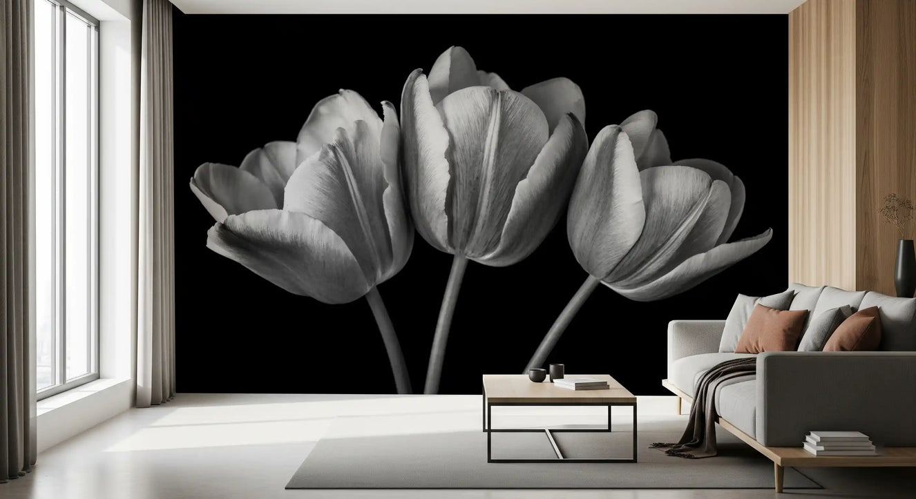 Detailed black and white floral pattern on this modern tulip wall mural for living room.