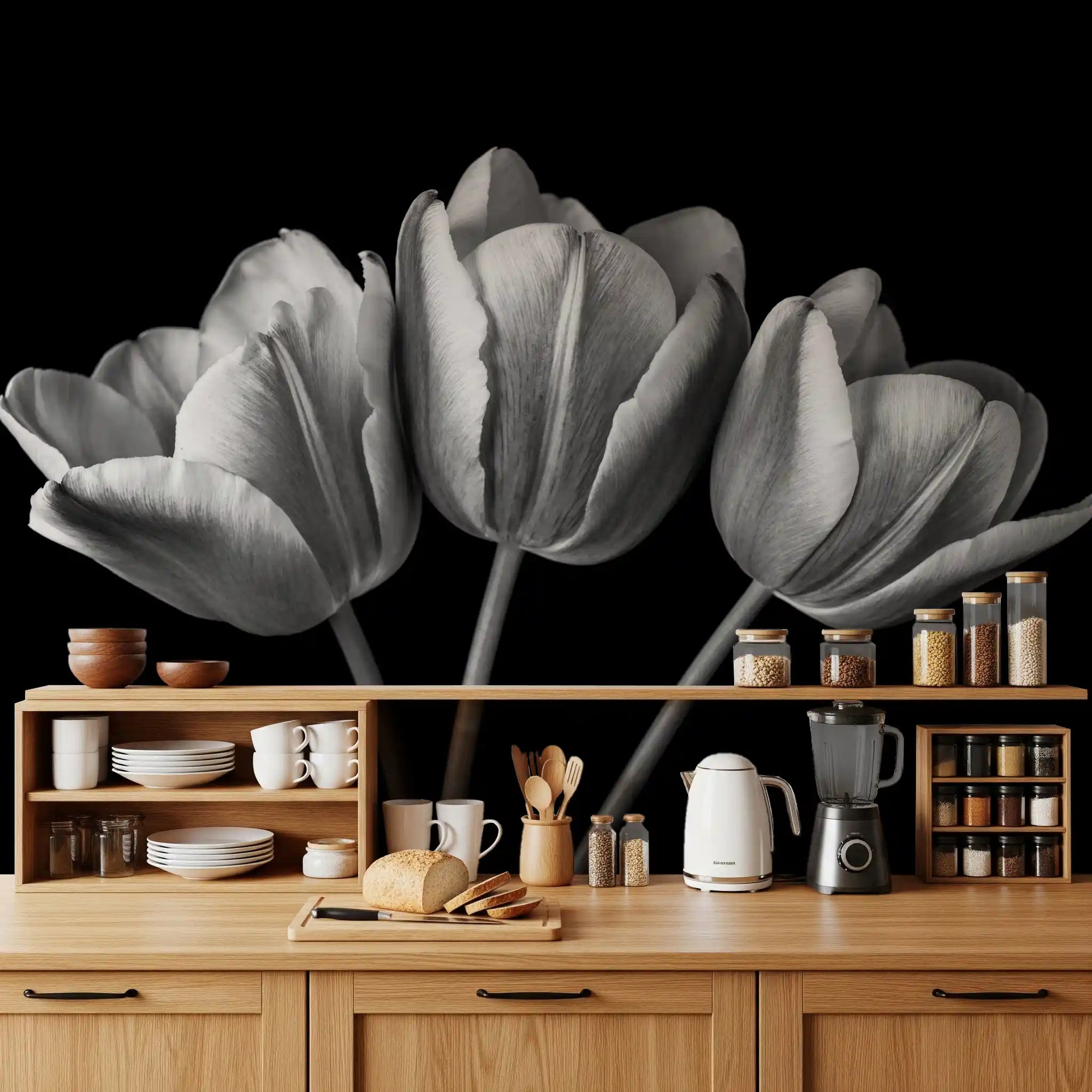 Three monochrome flowers on Elegant Tulip Shadows Wall Mural for kitchen., GD10139