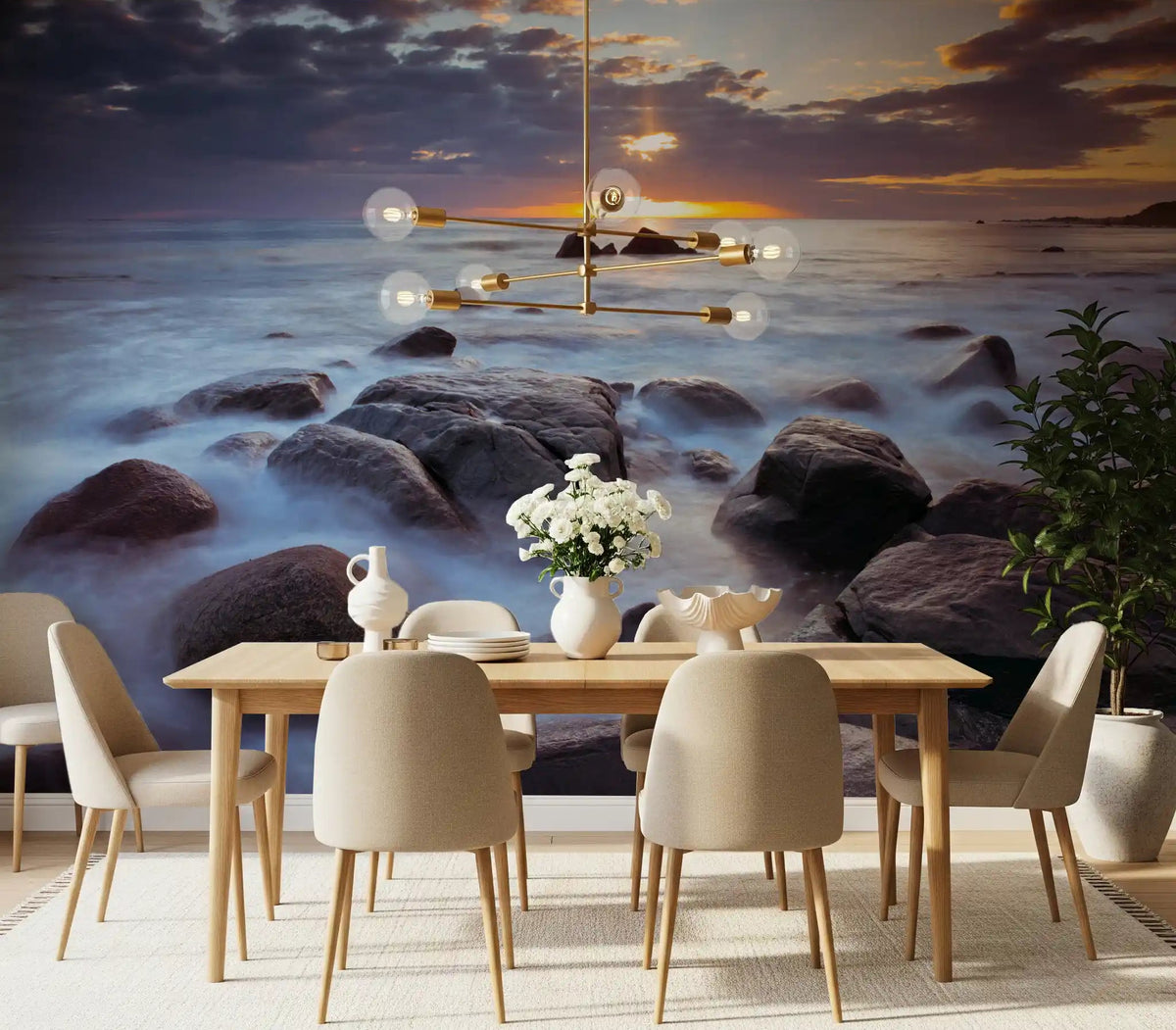 Horizon sunset over a misty rocky shore coastal wall mural in dining room., GD10141