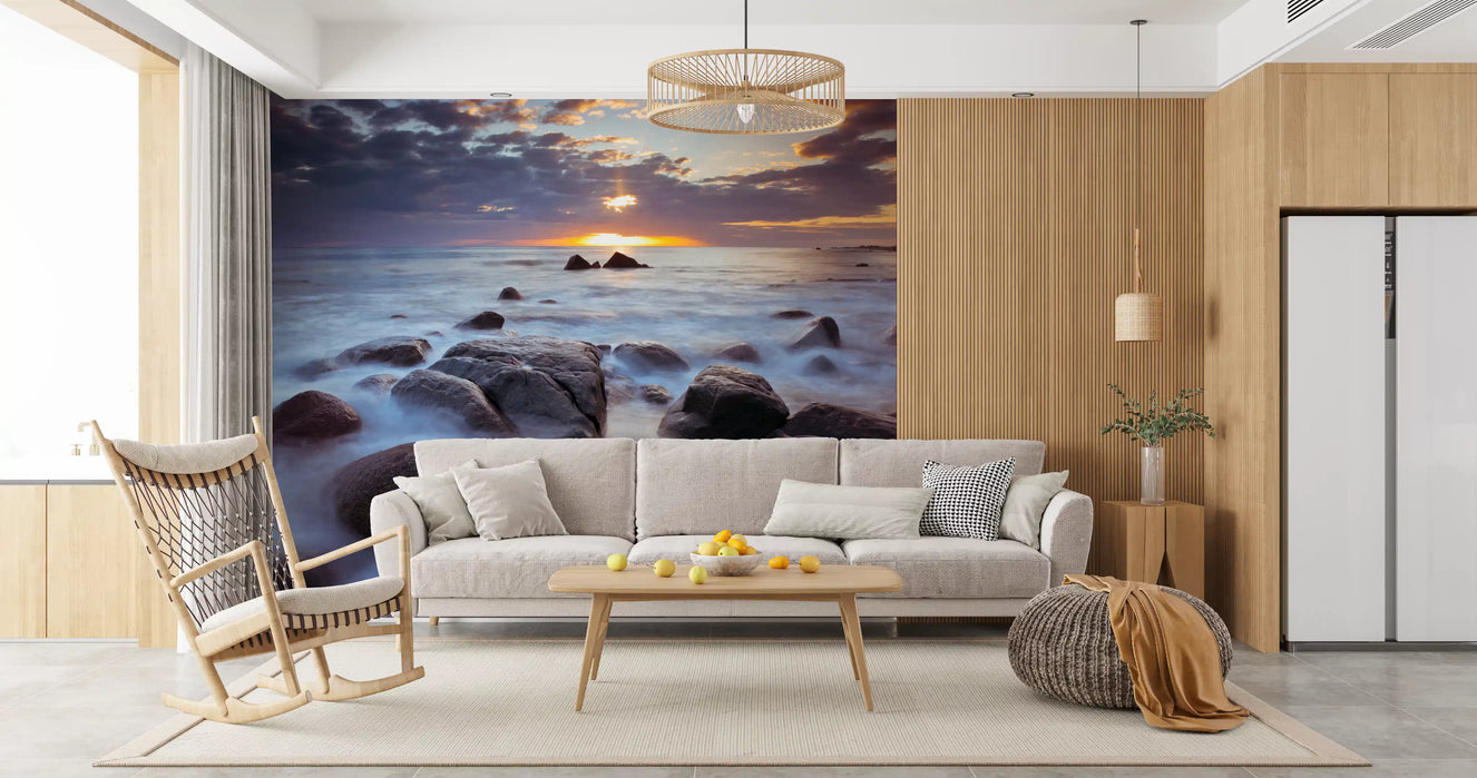 Lofoten's Rocky Coastal Splendor Wall Mural used as living room backdrop.