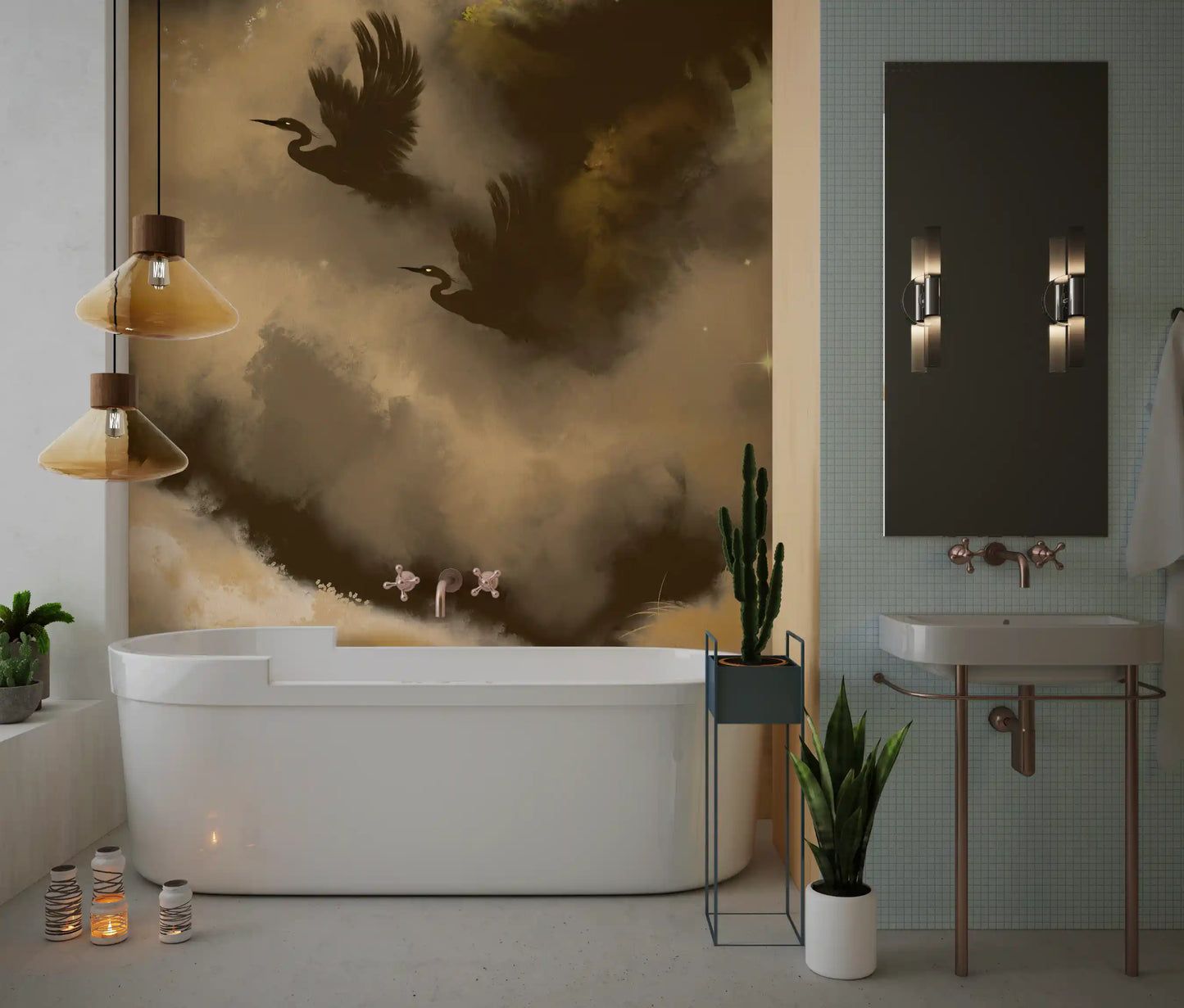 Mystic Flight of Herons Birds Watercolor Wall Mural