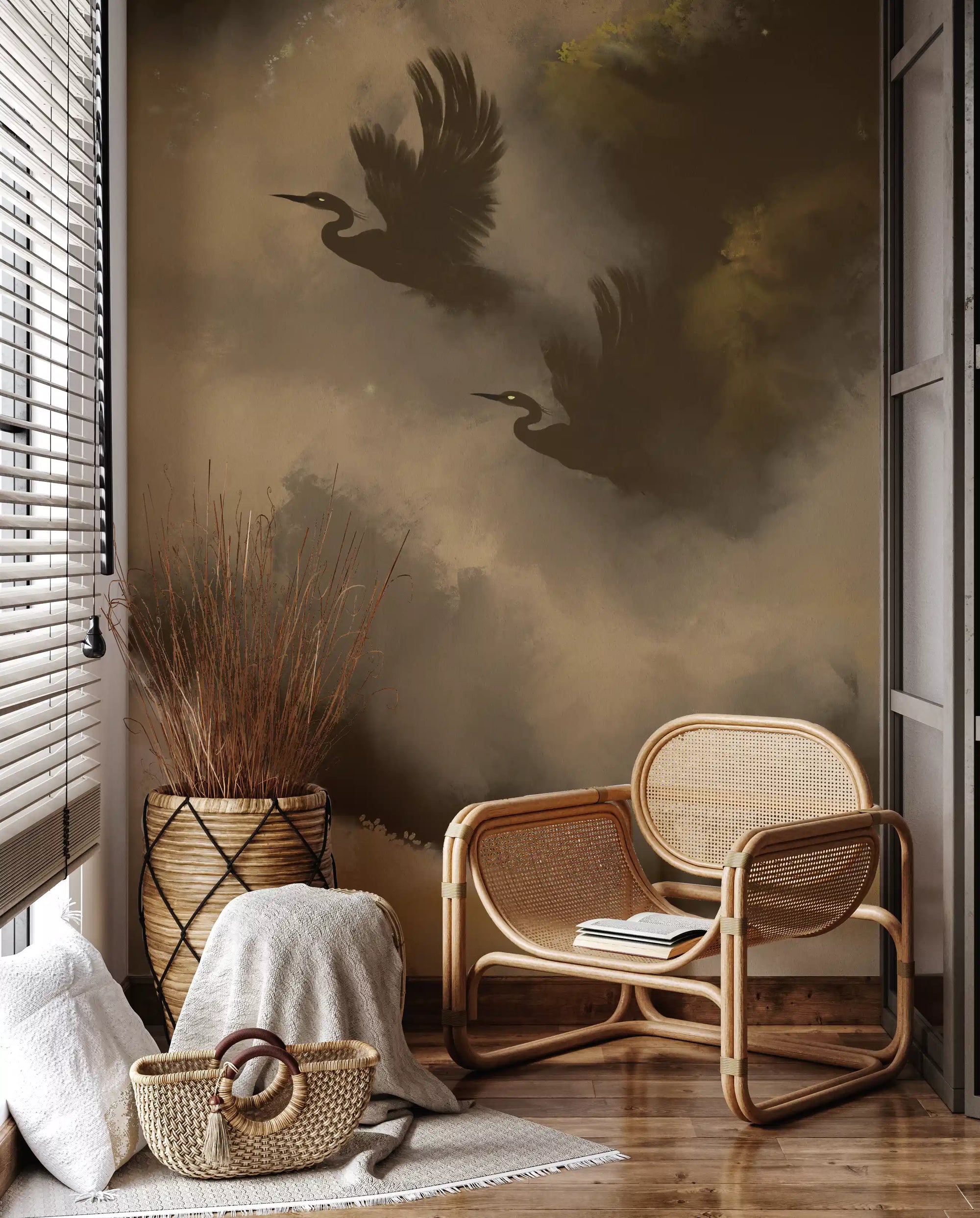 Watercolor herons flying through moody brown clouds wall mural for small reading nook., GD10140