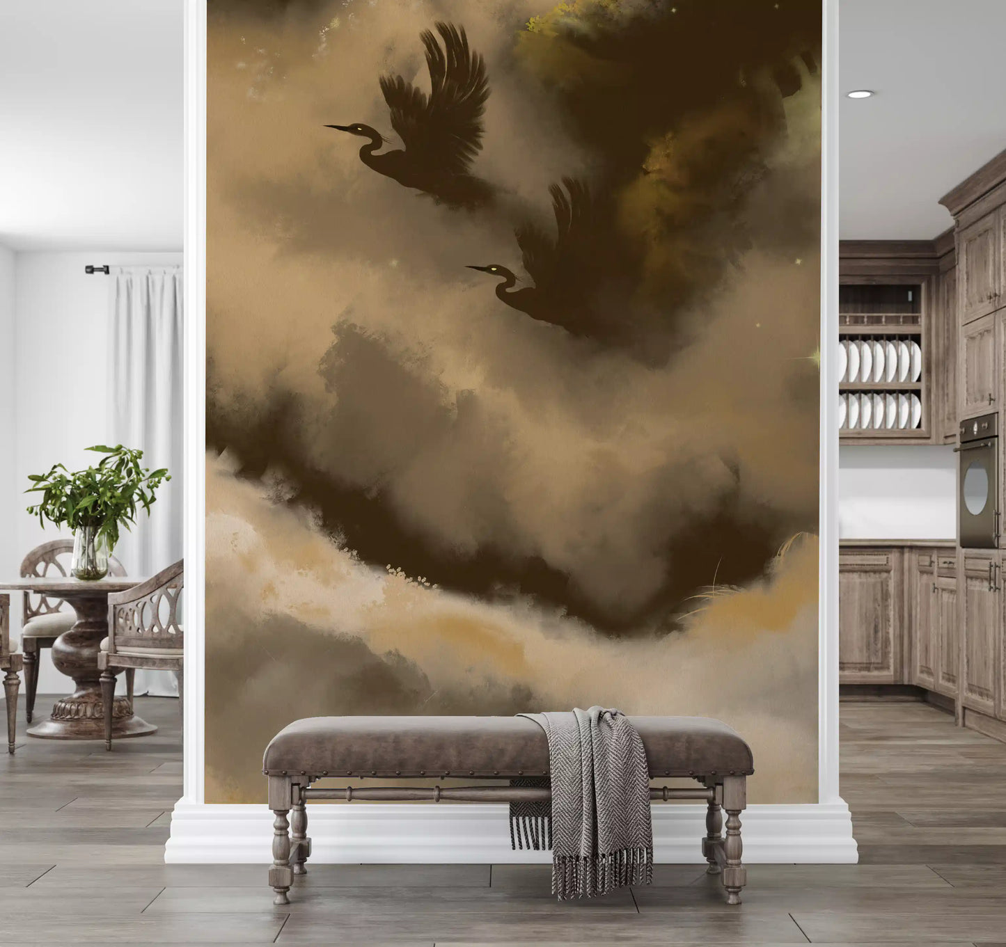 Mystic Flight of Herons Birds Watercolor Wall Mural