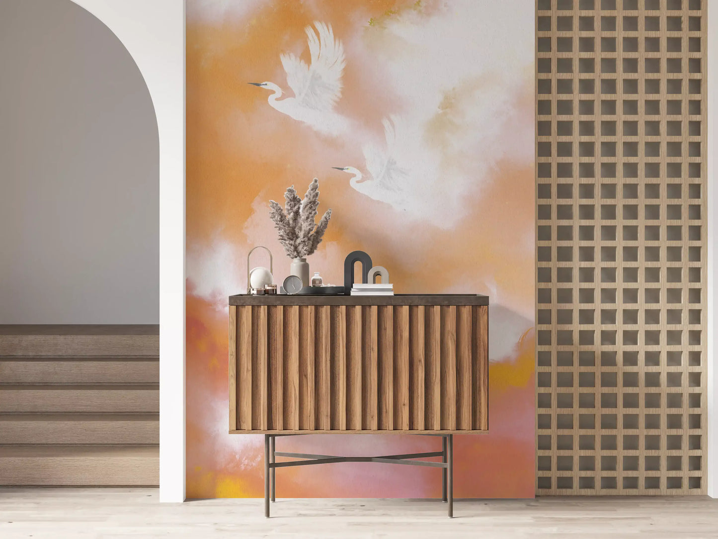 Ethereal Flight at Dawn Birds Peach Watercolor  Wall Mural