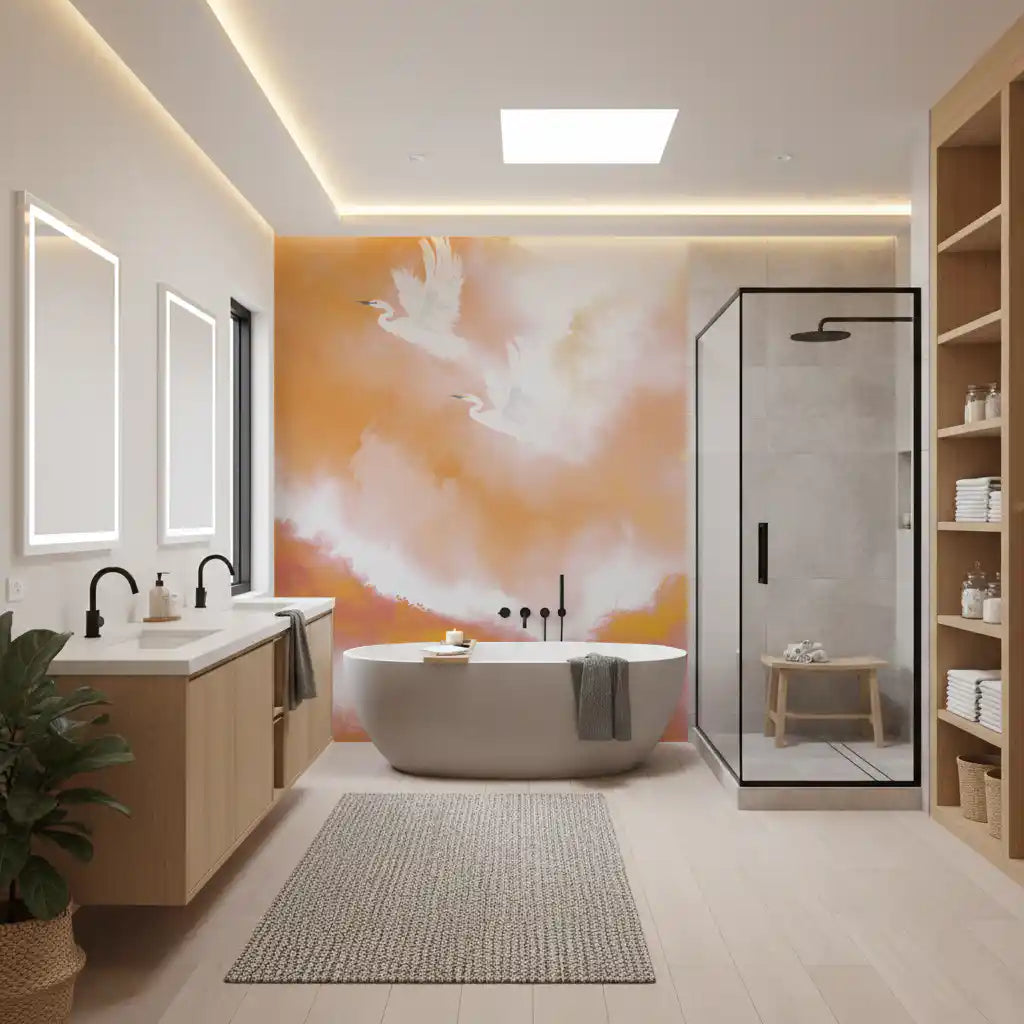 Ethereal Flight at Dawn Birds Peach Watercolor  Wall Mural