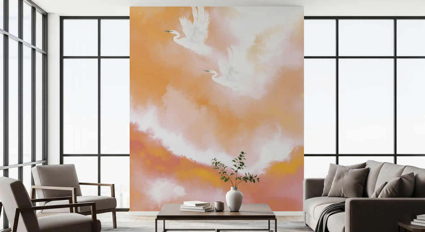 Ethereal Flight at Dawn Birds Peach Watercolor  Wall Mural