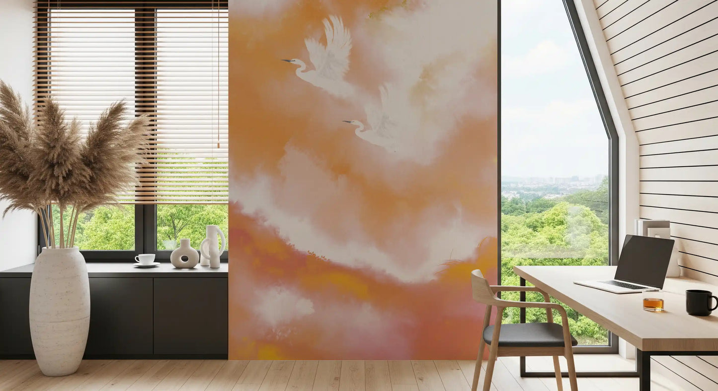 Ethereal Flight at Dawn Birds Peach Watercolor  Wall Mural