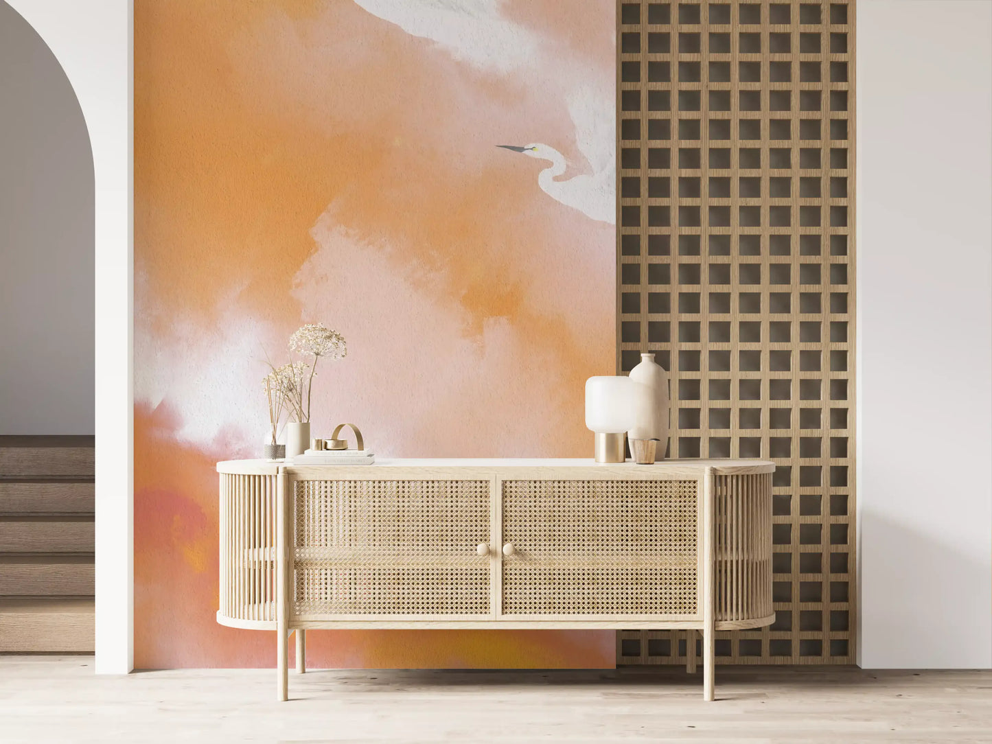 Ethereal Flight at Dawn Birds Peach Watercolor  Wall Mural