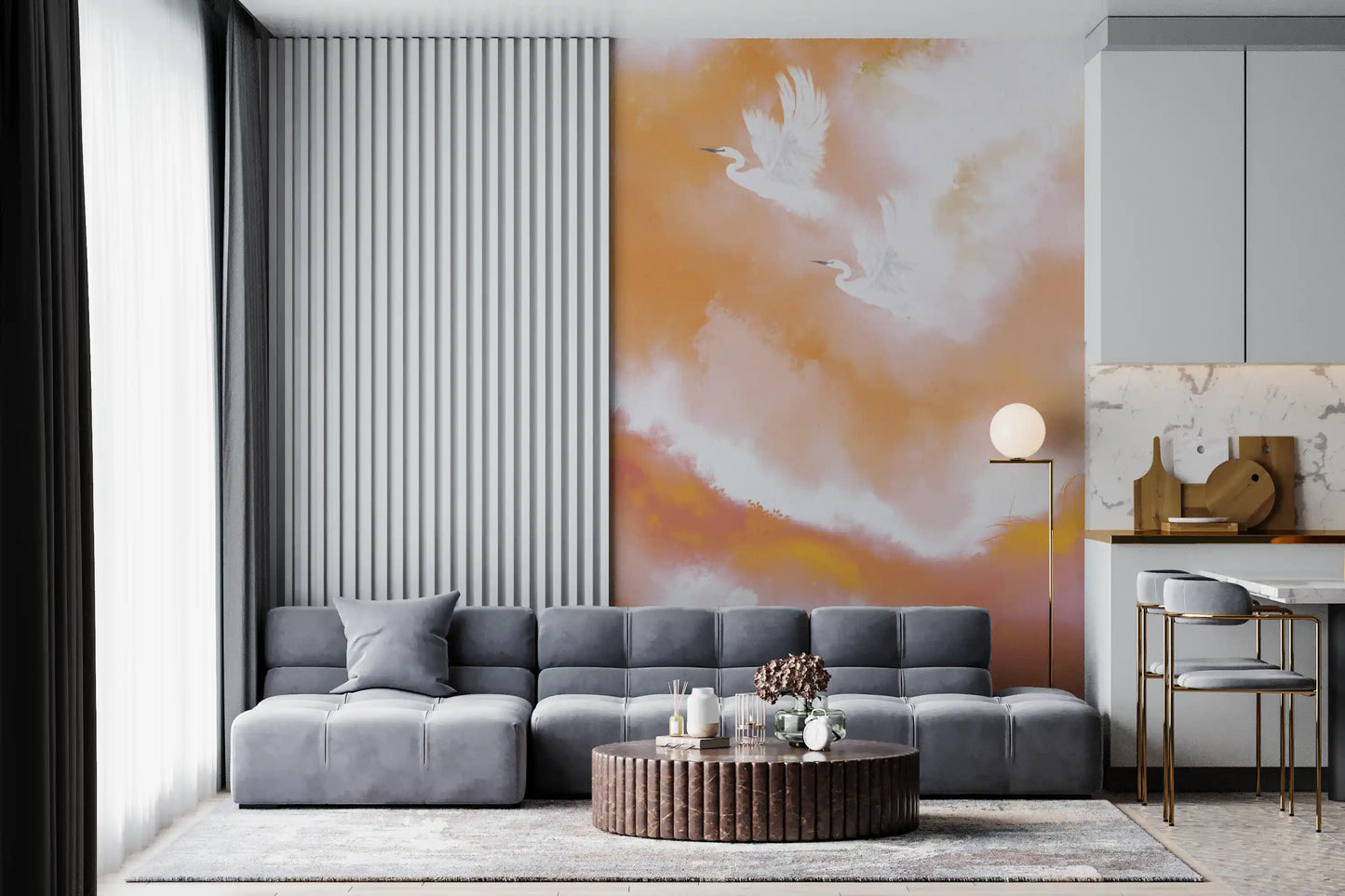 Ethereal Flight at Dawn Birds Peach Watercolor  Wall Mural
