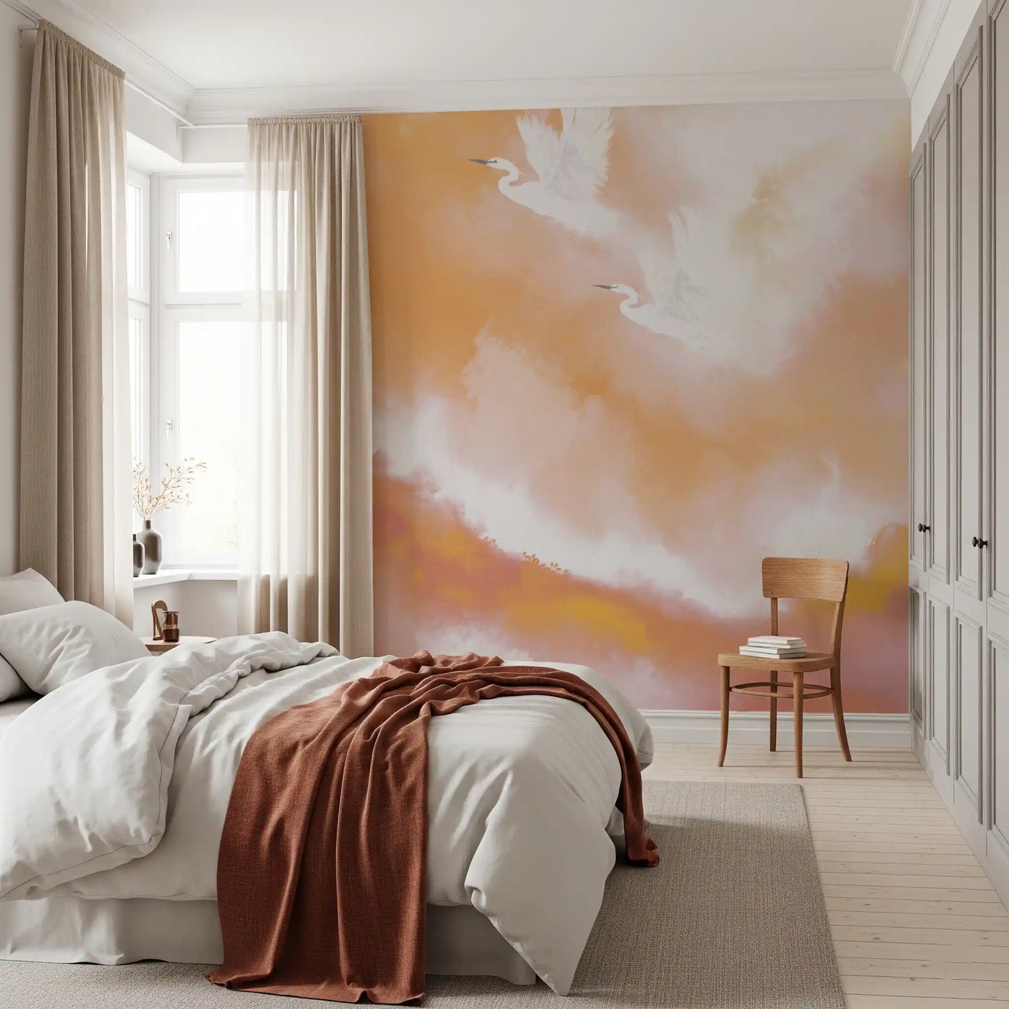 Ethereal Flight at Dawn Birds Peach Watercolor  Wall Mural