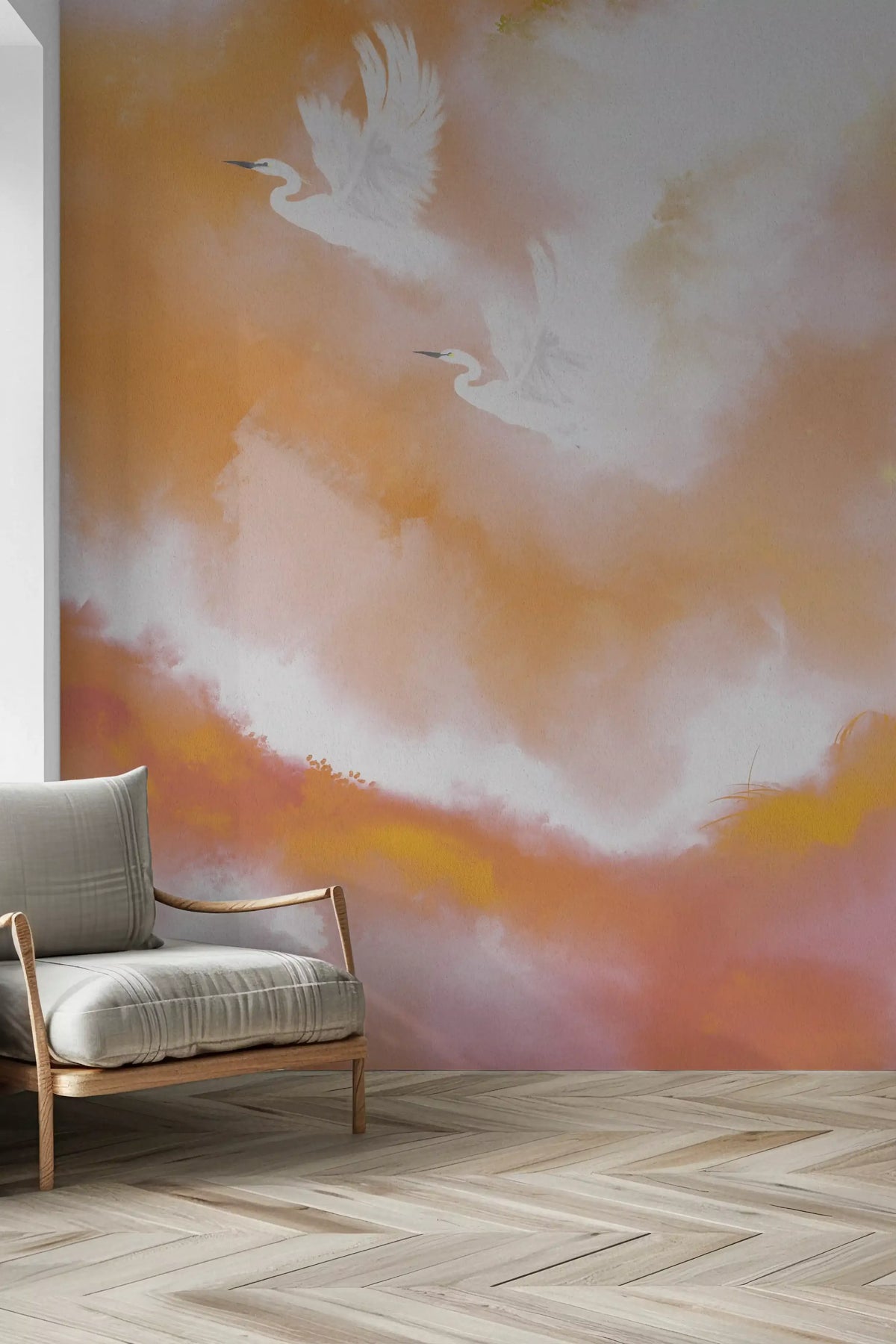 Two white birds flying in peach and orange watercolor clouds wall mural in hallway., GD10142