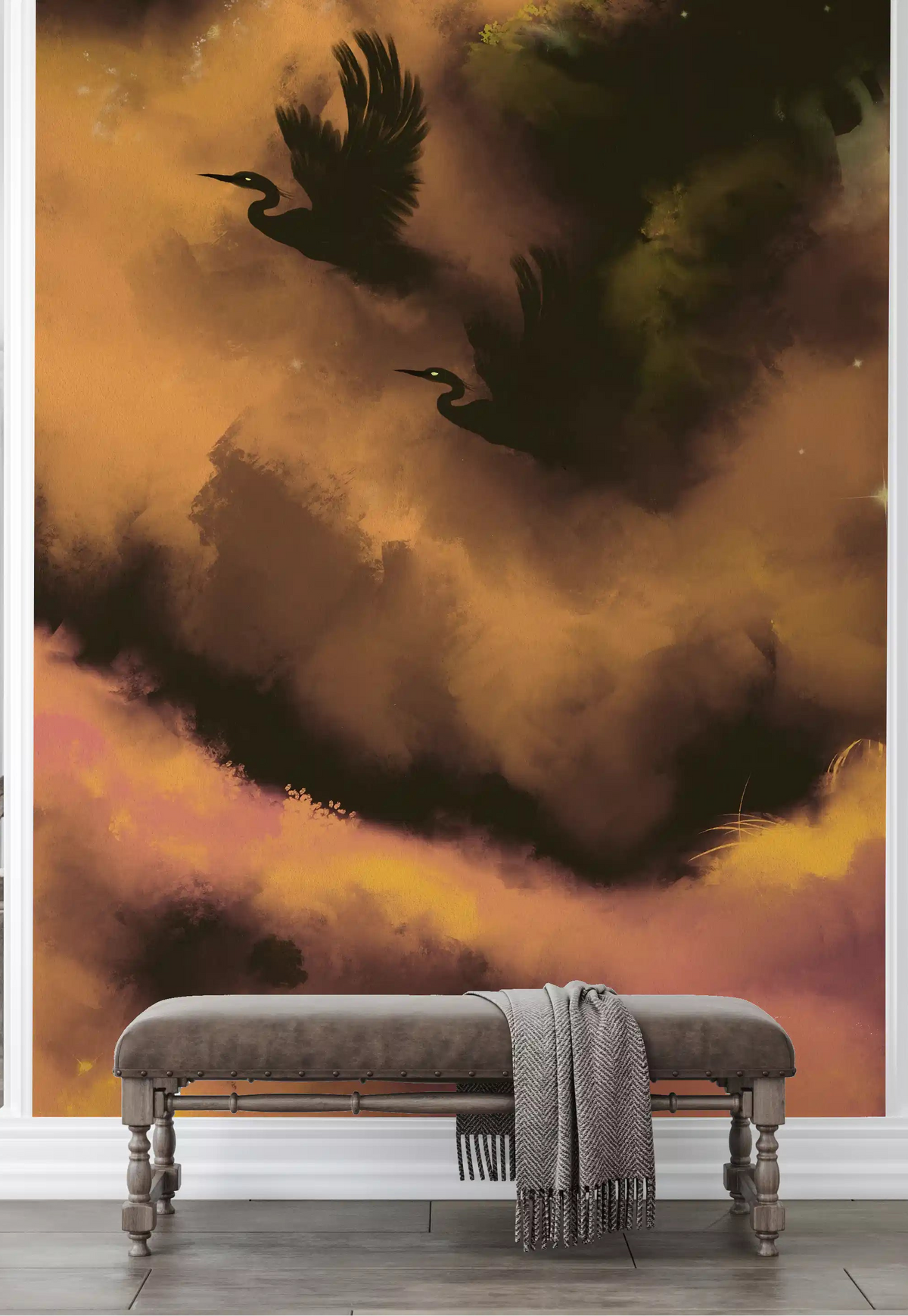 Ethereal Flight Moody Mystical Watercolor Dark Wall Mural in a quiet room., GD10143