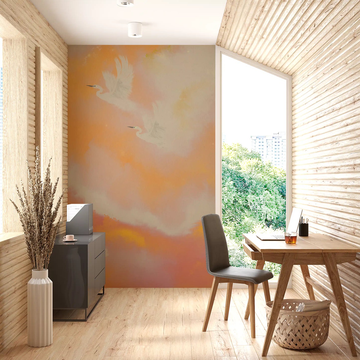 Soaring Dreams in Sunset Hues Peach Watercolor Birds Wall Mural