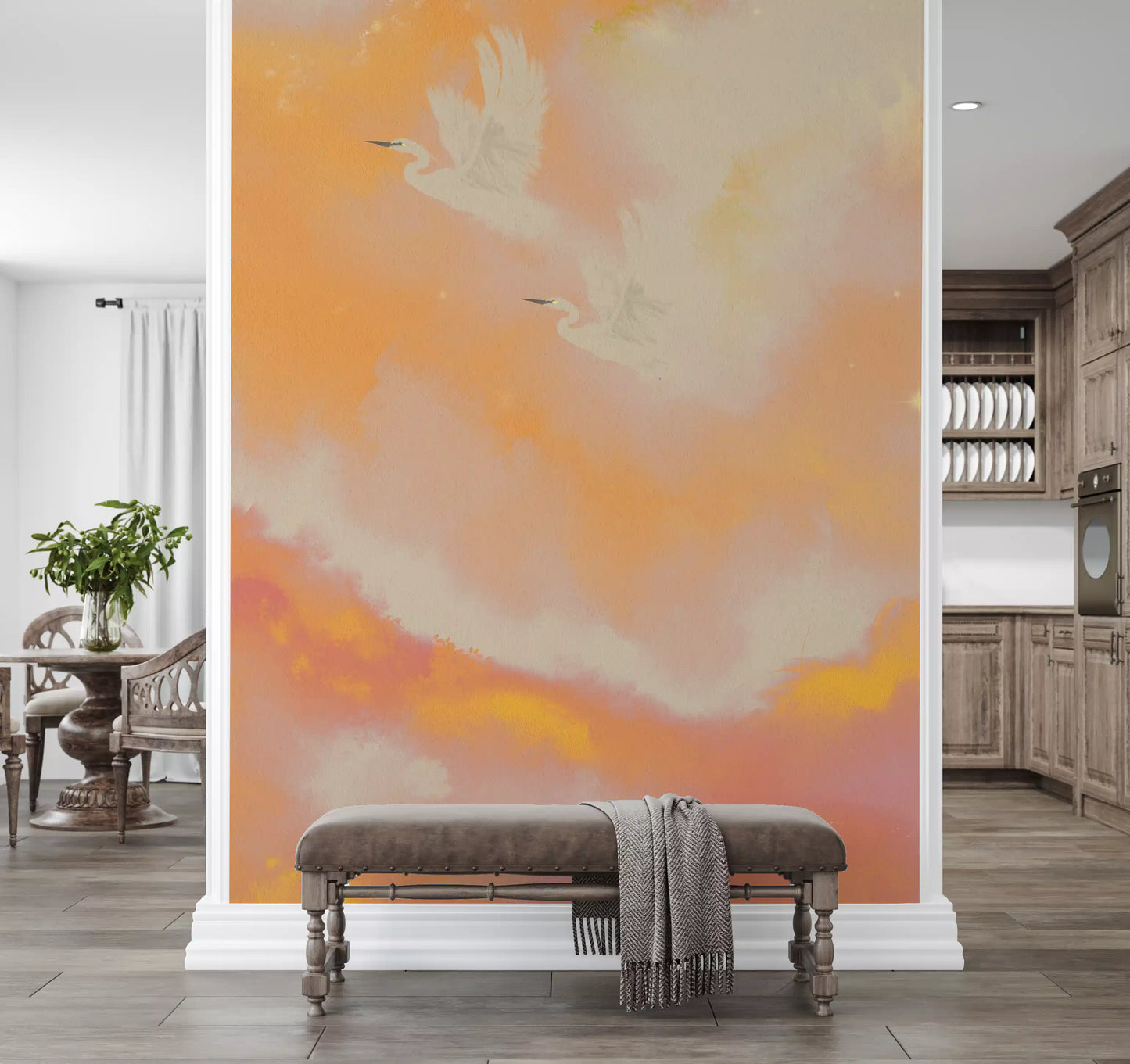 Soaring Dreams in Sunset Hues Peach Watercolor Birds Wall Mural