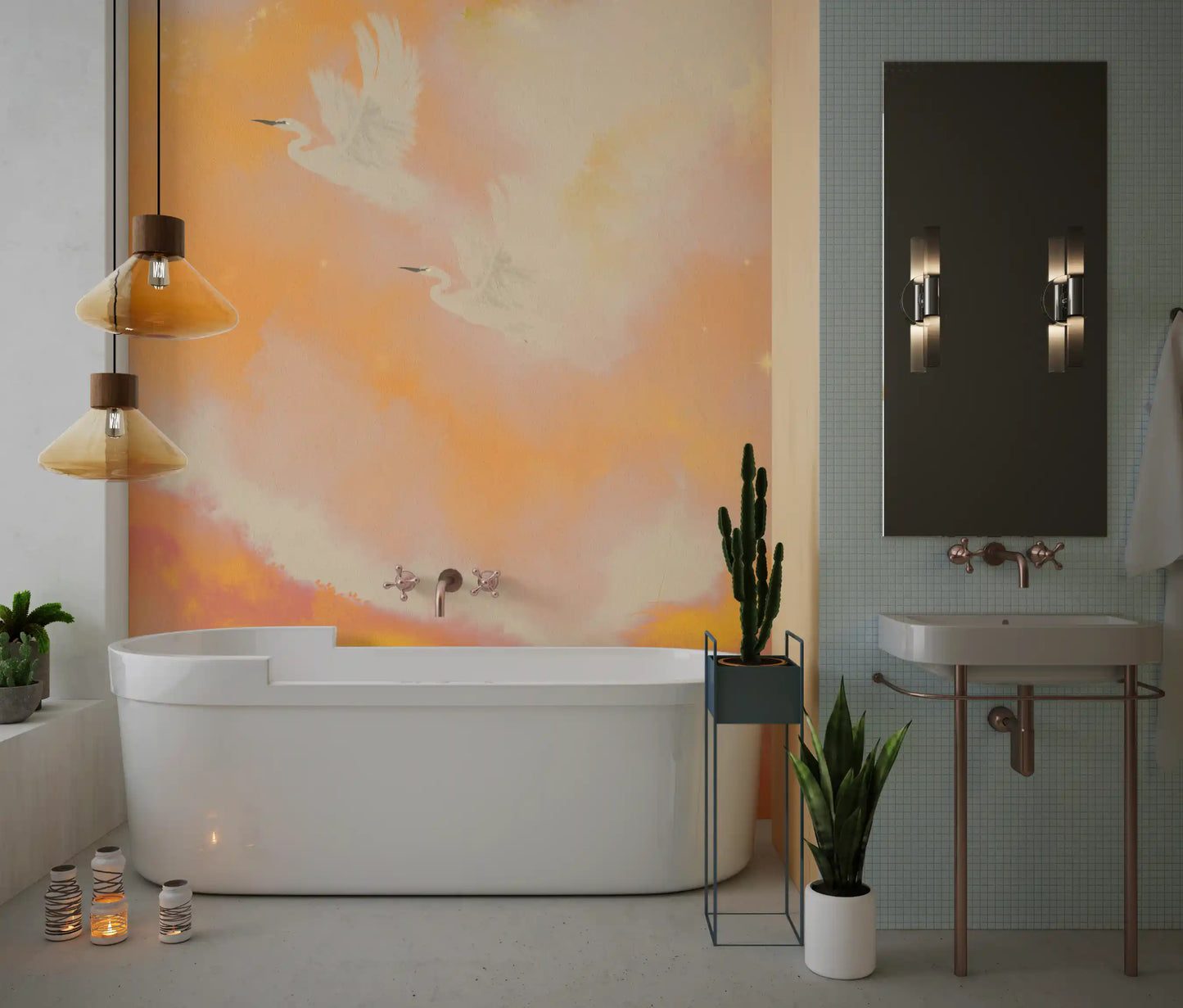 Soaring Dreams in Sunset Hues Peach Watercolor Birds Wall Mural