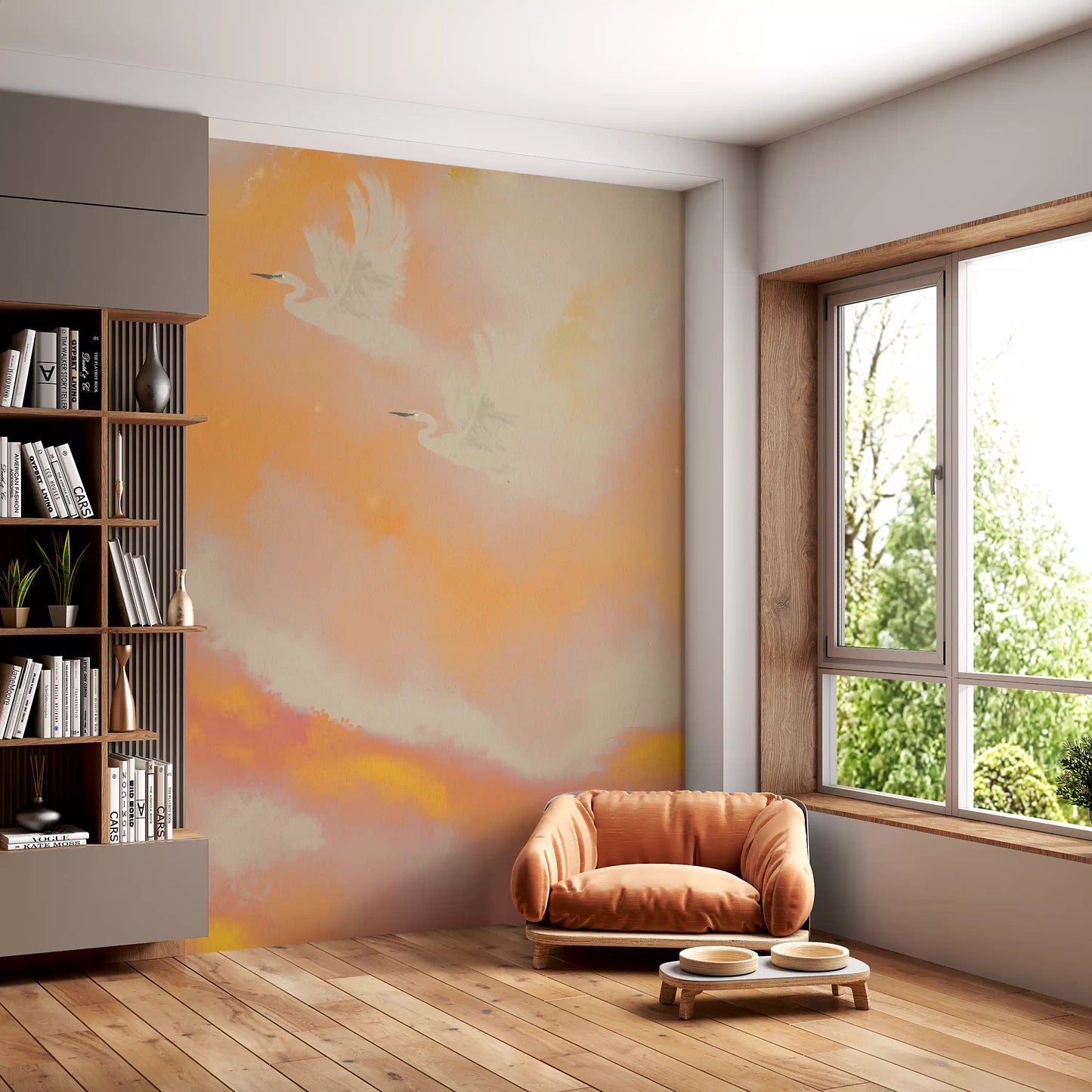Soaring Dreams in Sunset Hues Peach Watercolor Birds Wall Mural