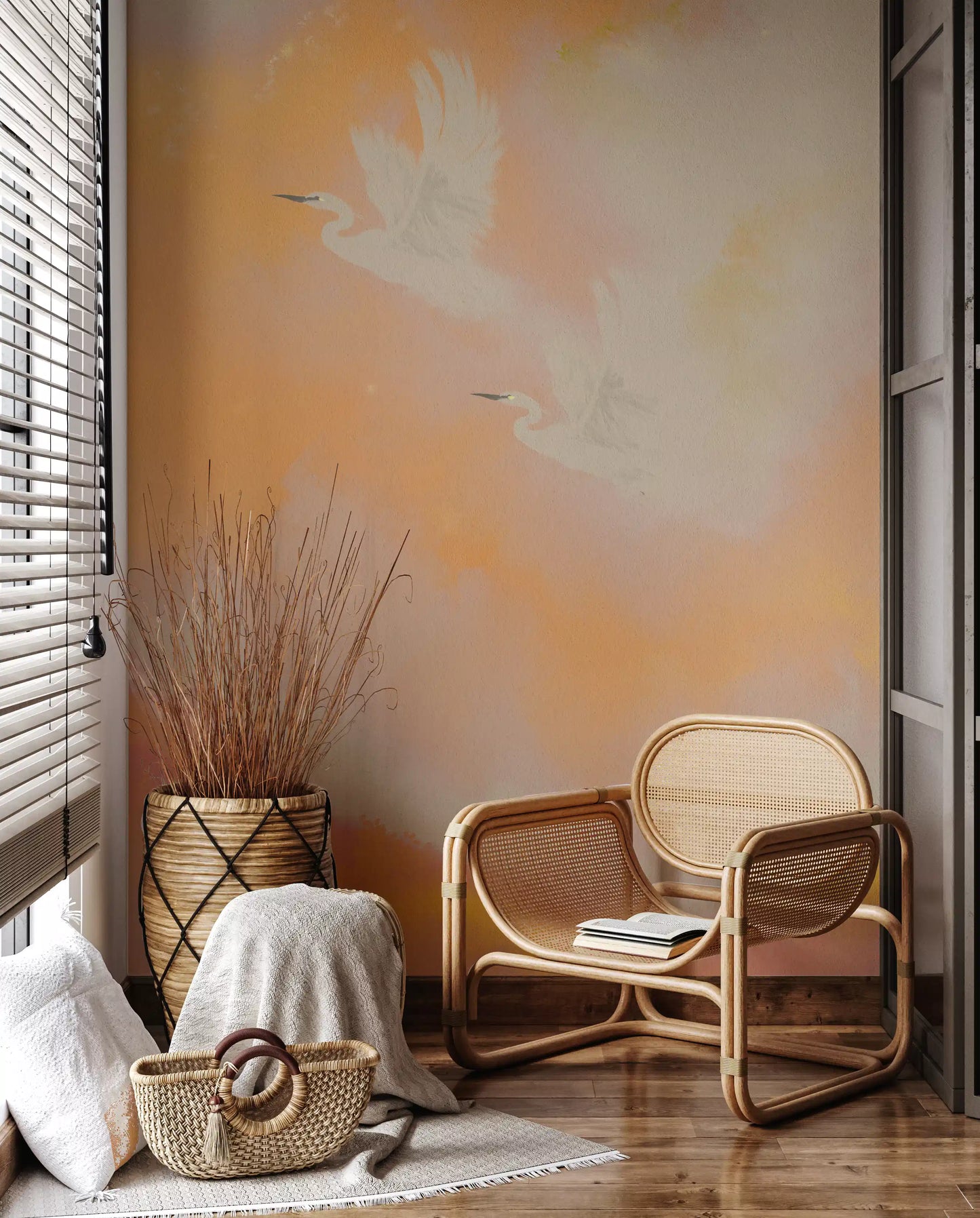 Soaring Dreams in Sunset Hues Peach Watercolor Birds Wall Mural