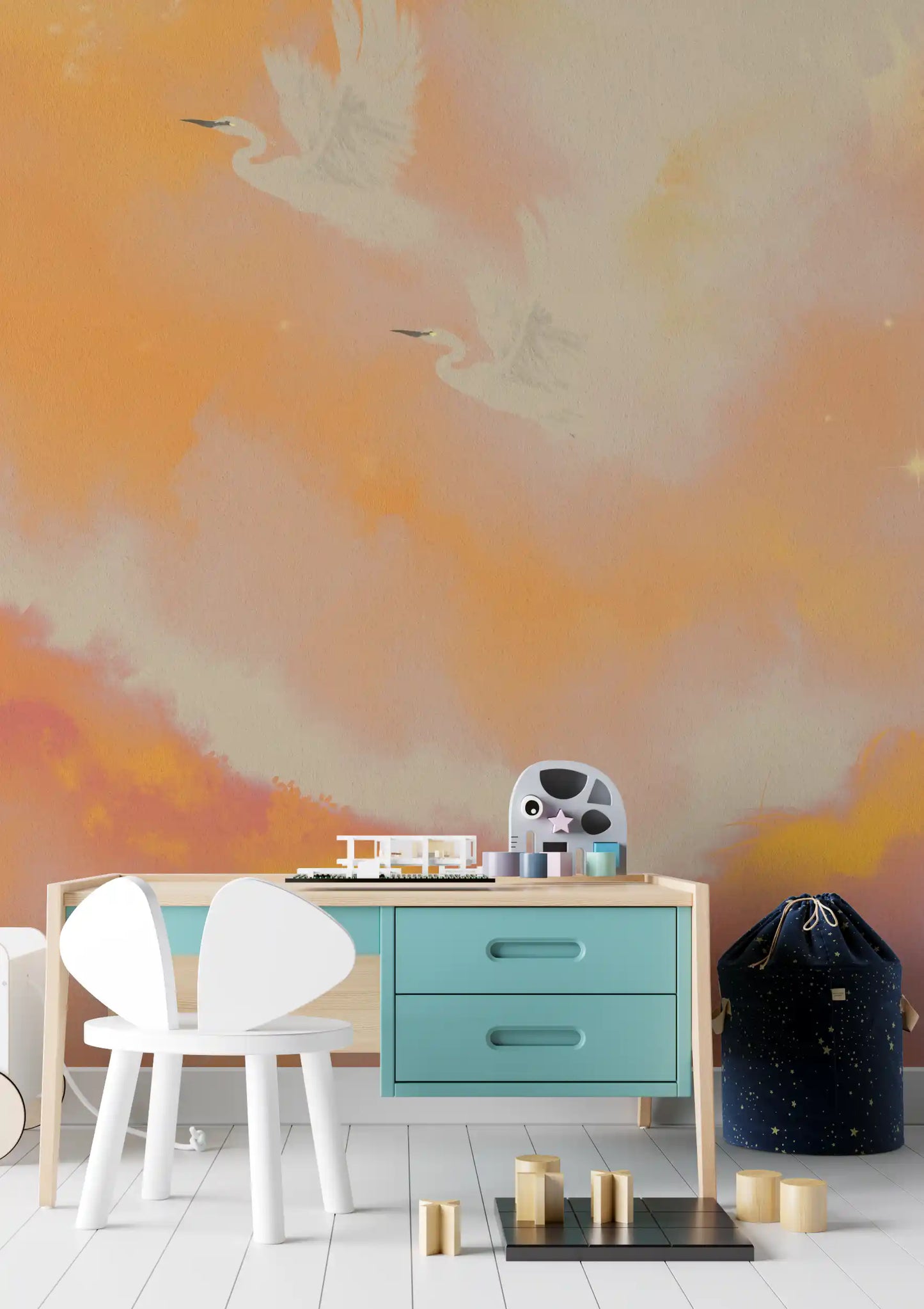 Soaring Dreams in Sunset Hues Peach Watercolor Birds Wall Mural
