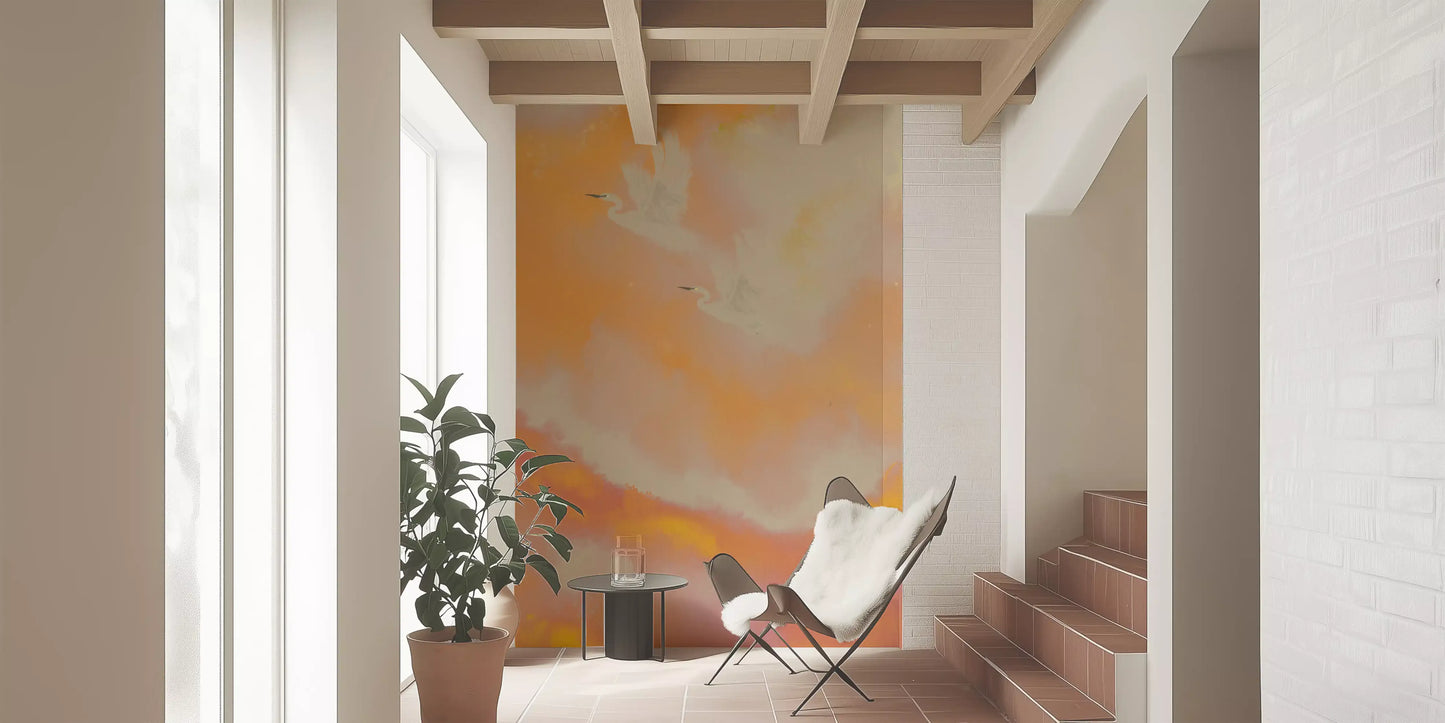 Soaring Dreams in Sunset Hues Peach Watercolor Birds Wall Mural