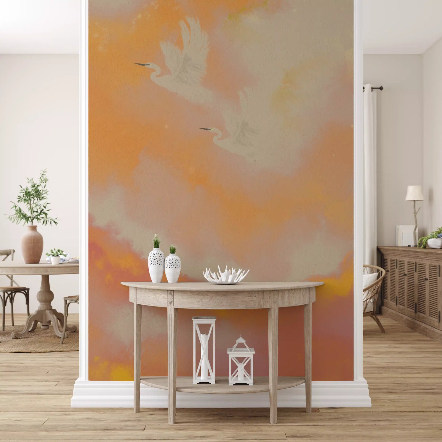 Soaring Dreams in Sunset Hues Peach Watercolor Birds Wall Mural