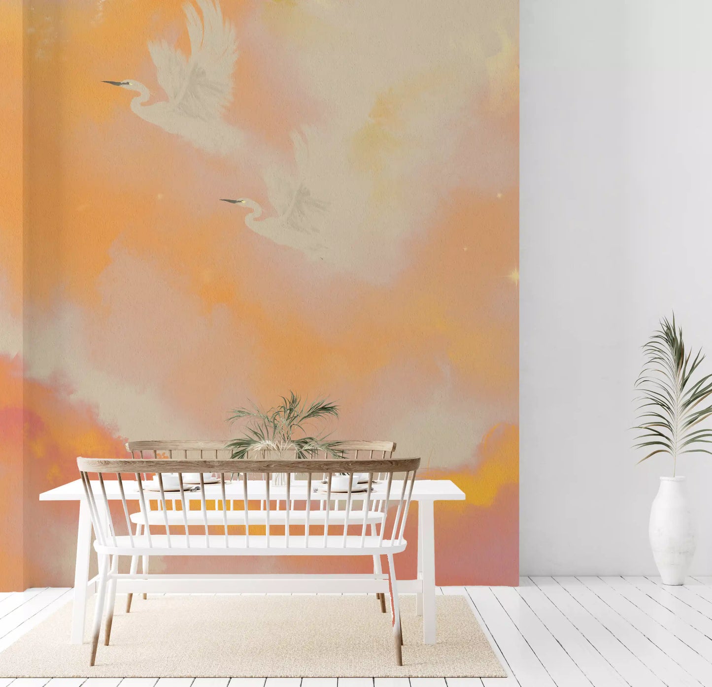Soaring Dreams in Sunset Hues Peach Watercolor Birds Wall Mural